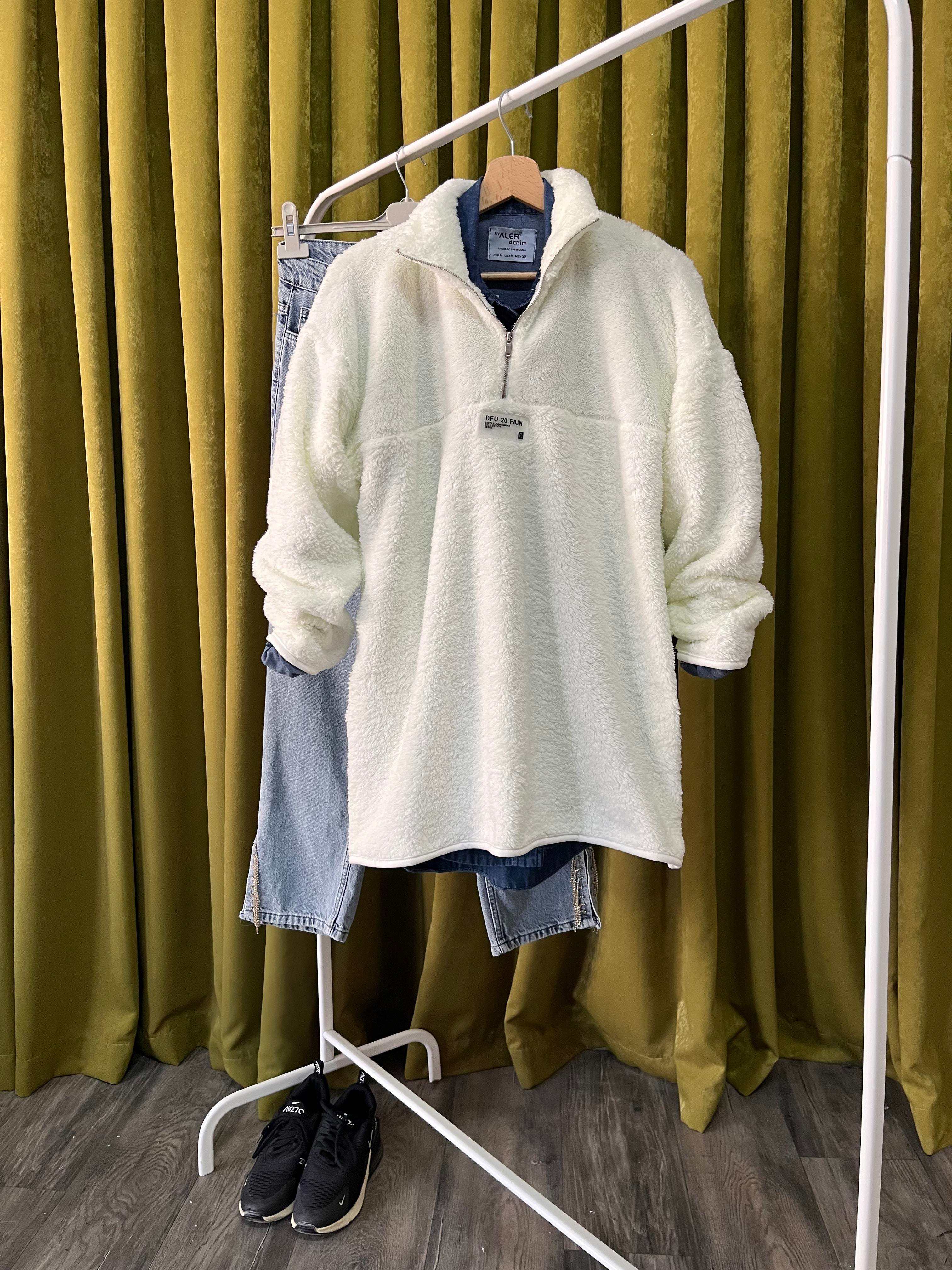 as peluş yarım fermuarı sweat beyaz