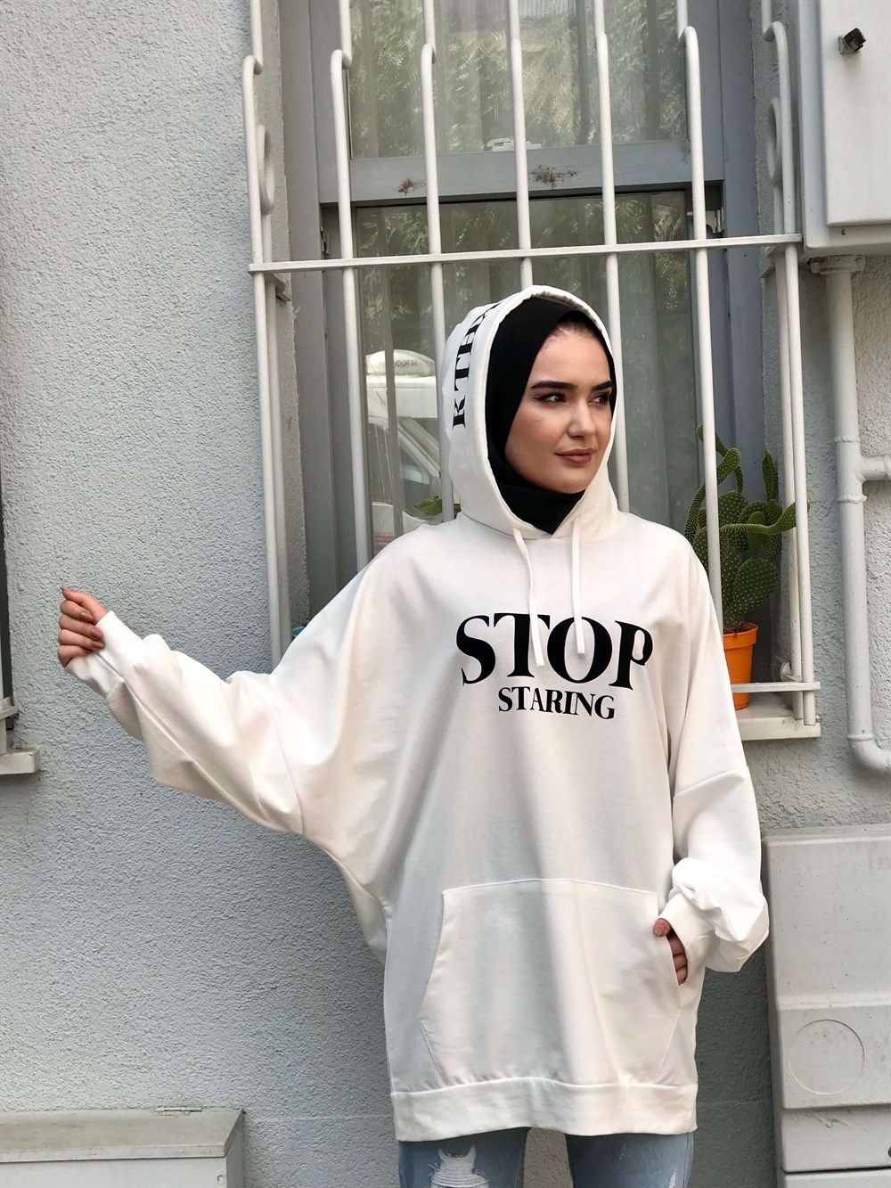 as stop baskılı sweat beyaz