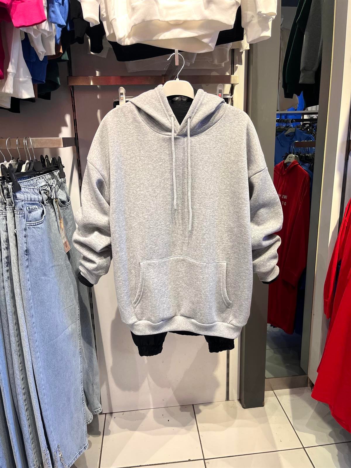 as üç iplik kısa kanguru sweat gri