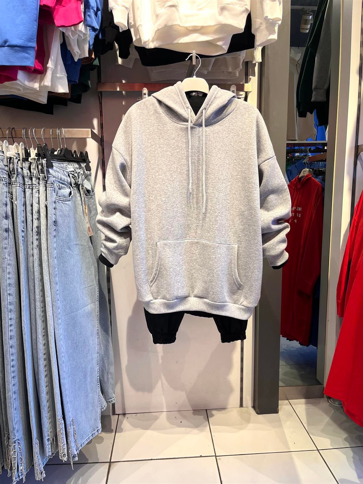 as üç iplik kısa kanguru sweat gri