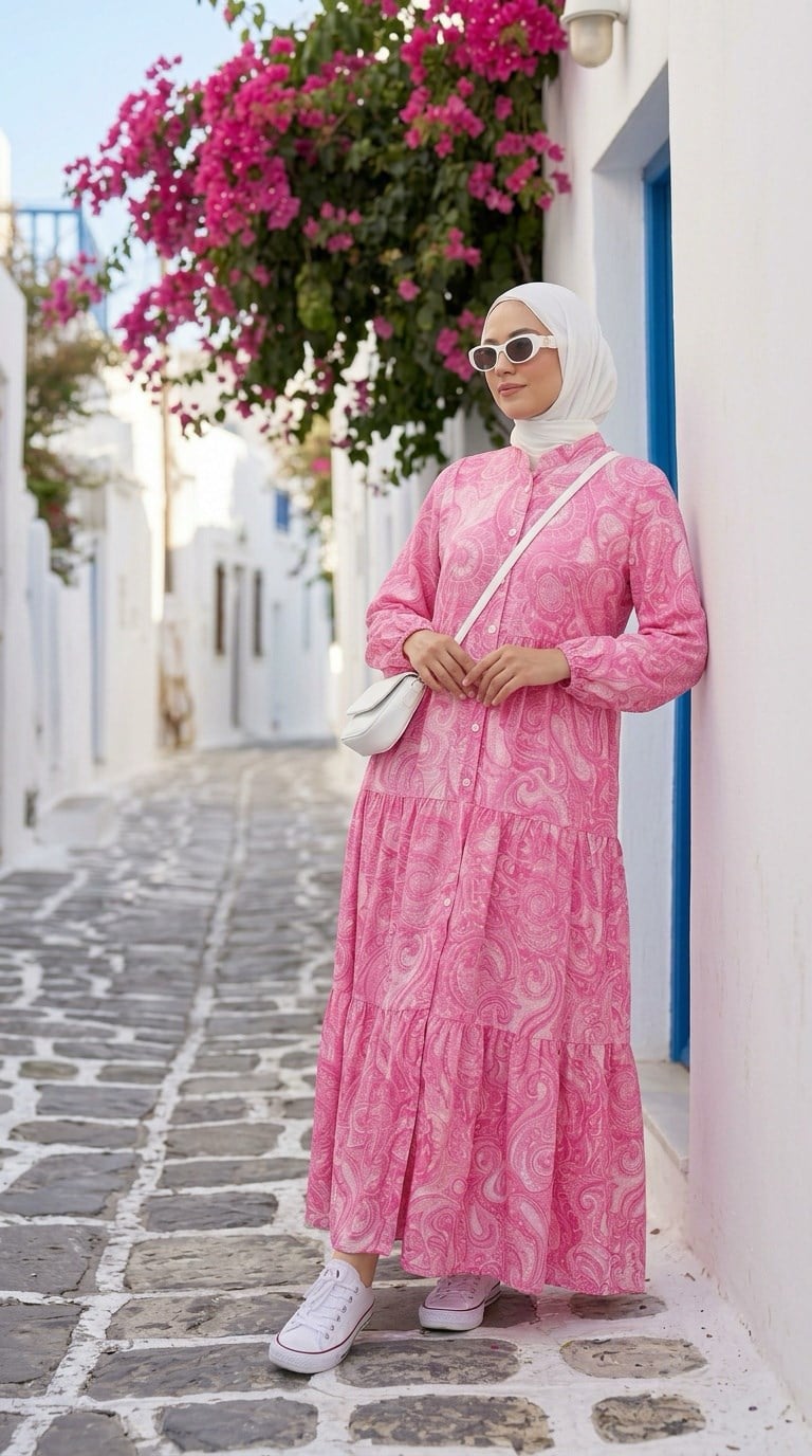 de desenli elbise pembe