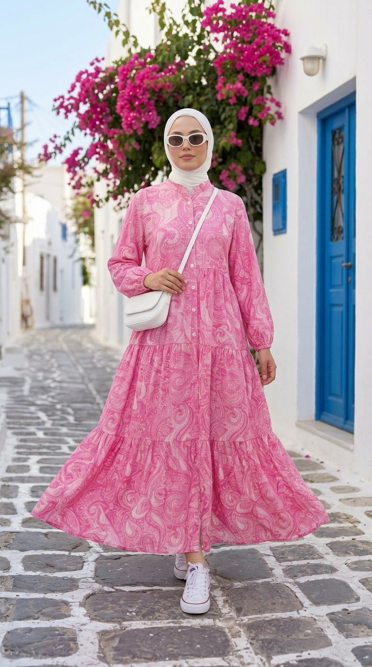 de desenli elbise pembe