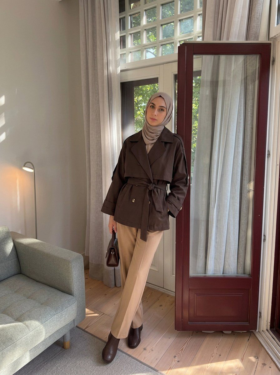Ei Kapaklı Kısa Trençkot Acı Kahve