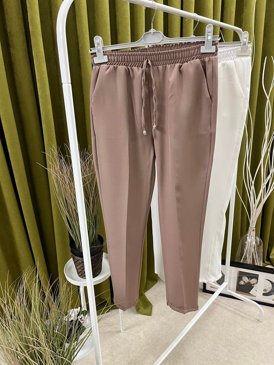 el beli lastikli kumaş pantolon camel
