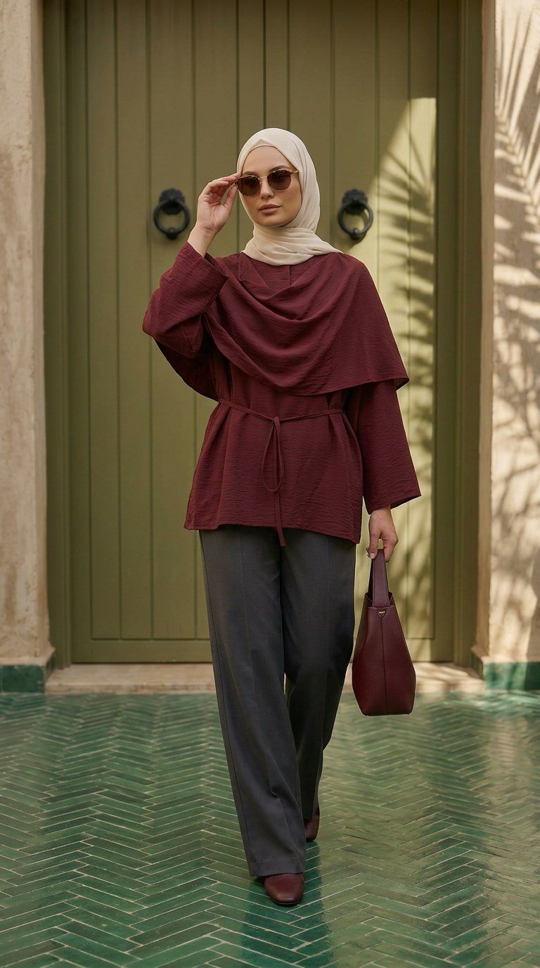 garni pelerin tunik bordo