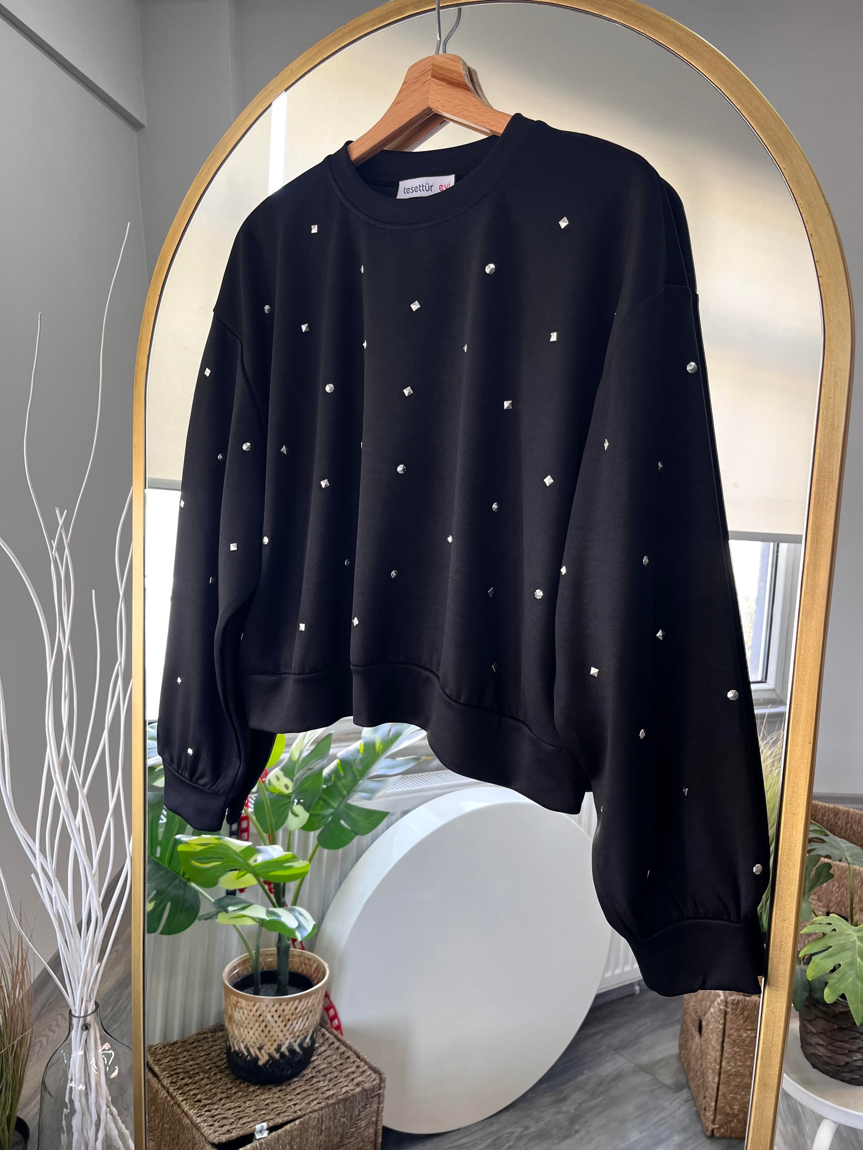 he taşlı sweatshirt siyah