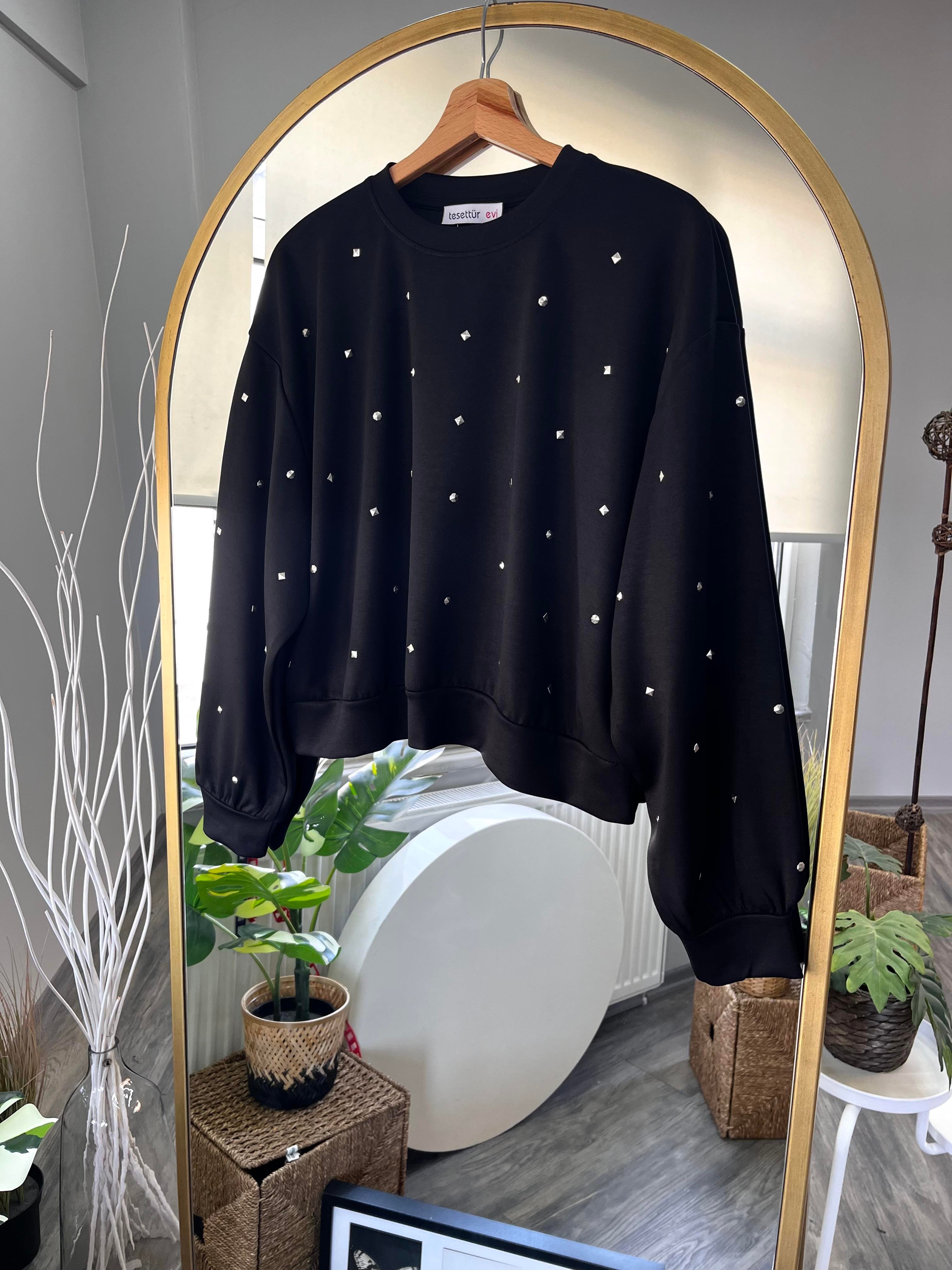he taşlı sweatshirt siyah