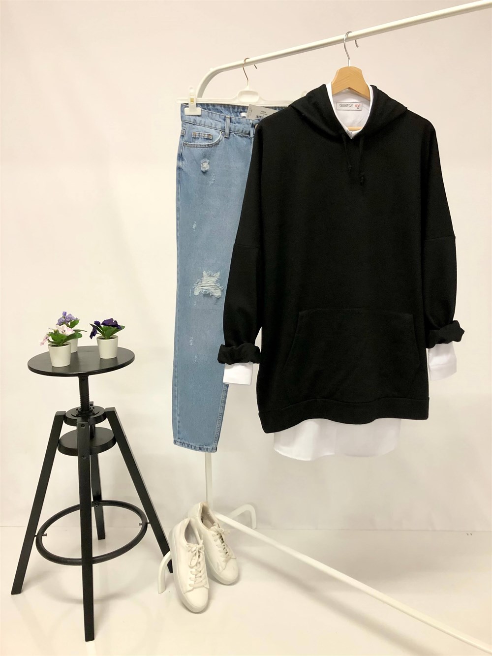 kısa kanguru iki iplik sweat  siyah