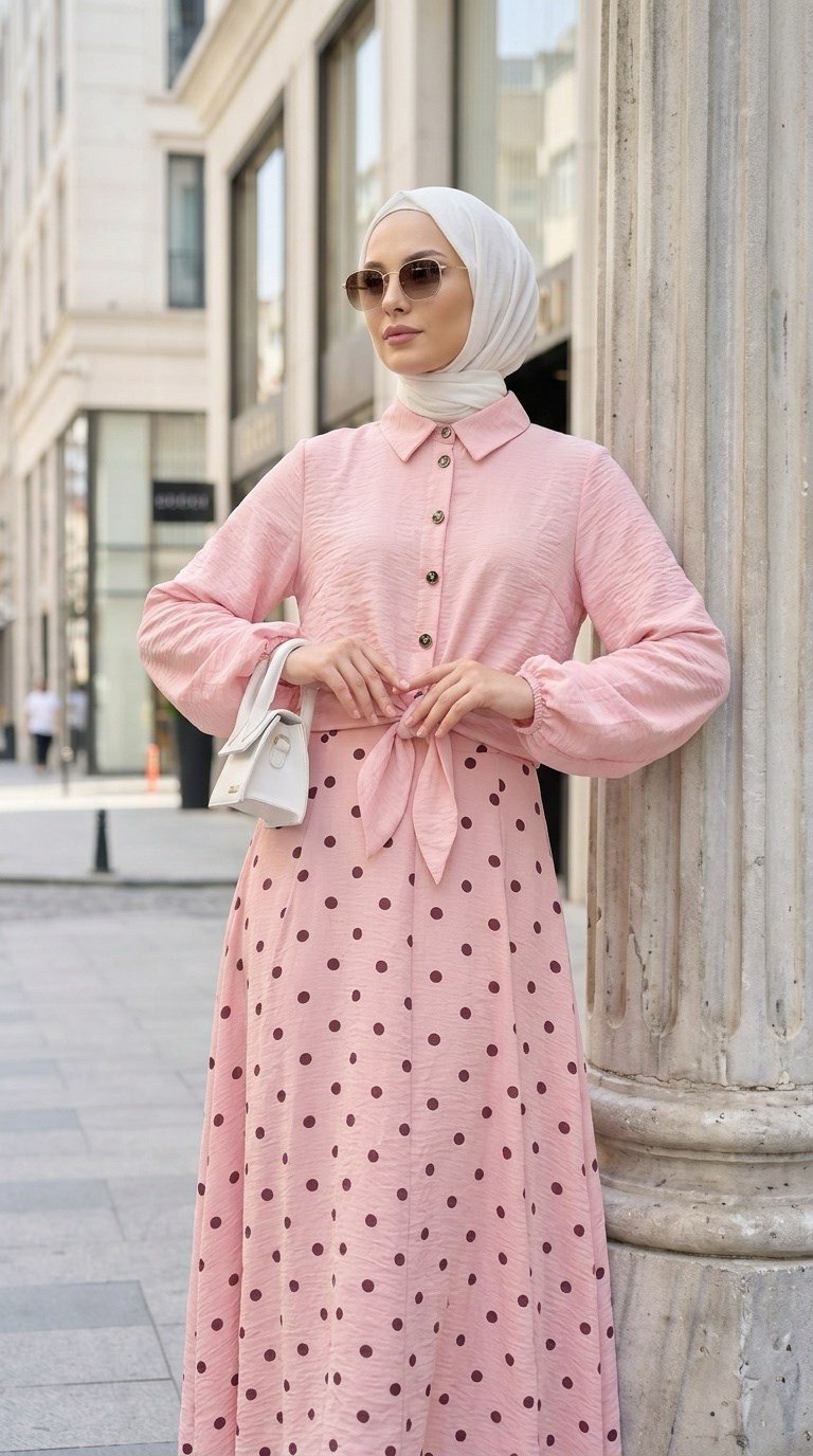 va puantiye etekli takım pembe