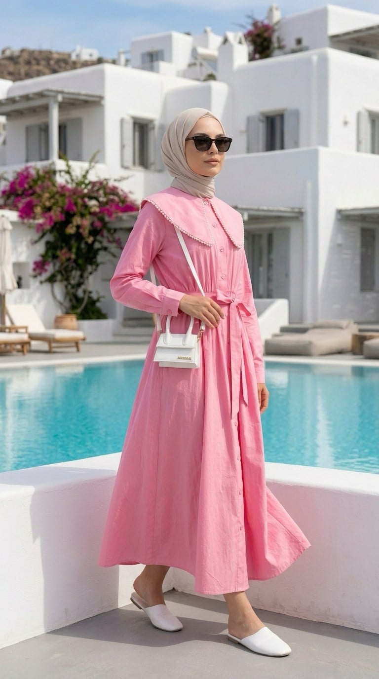 va yaka incili elbise pembe 
