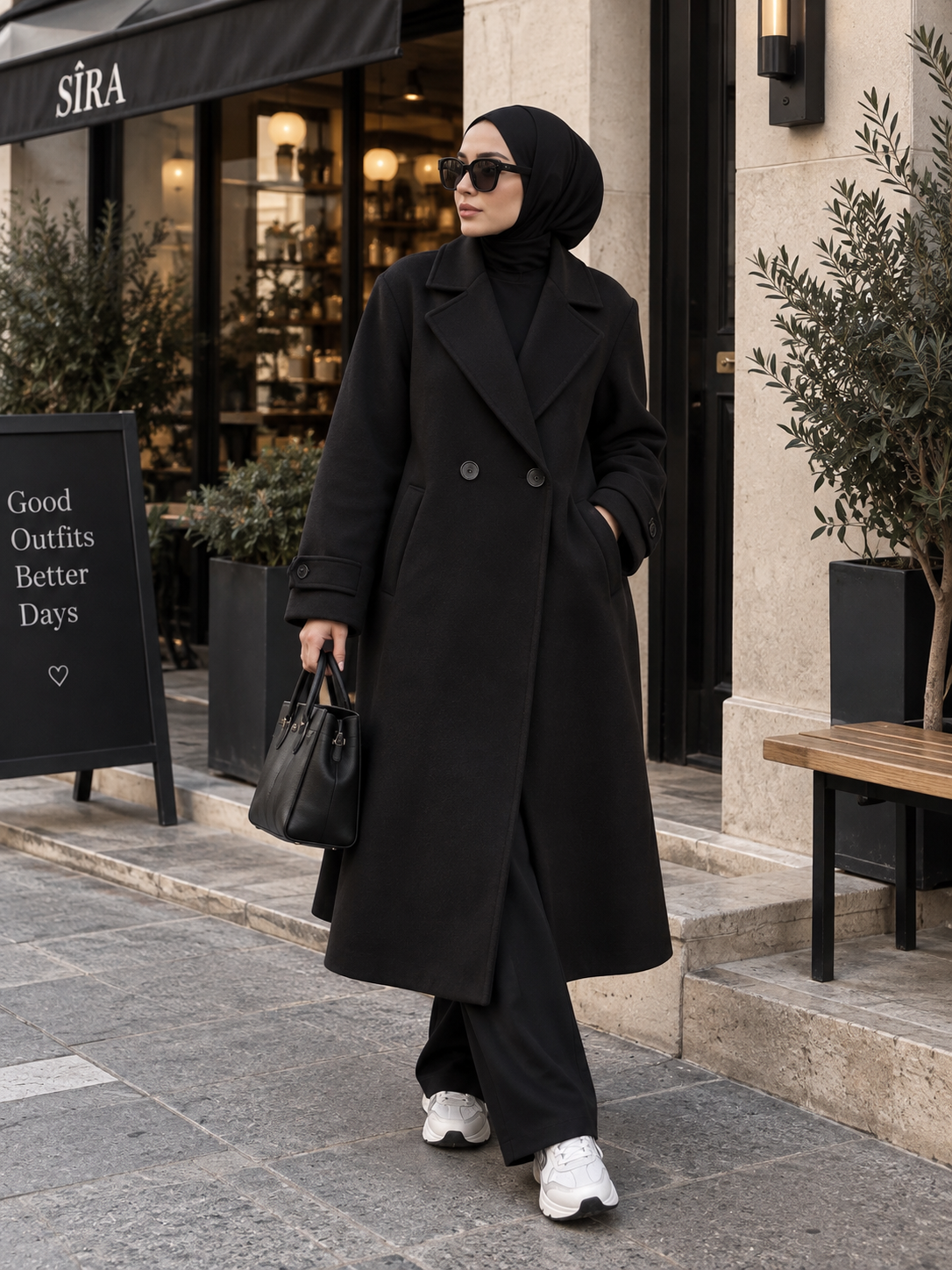 Vv Oversize Çift Düğme Kaşe Kaban Siyah