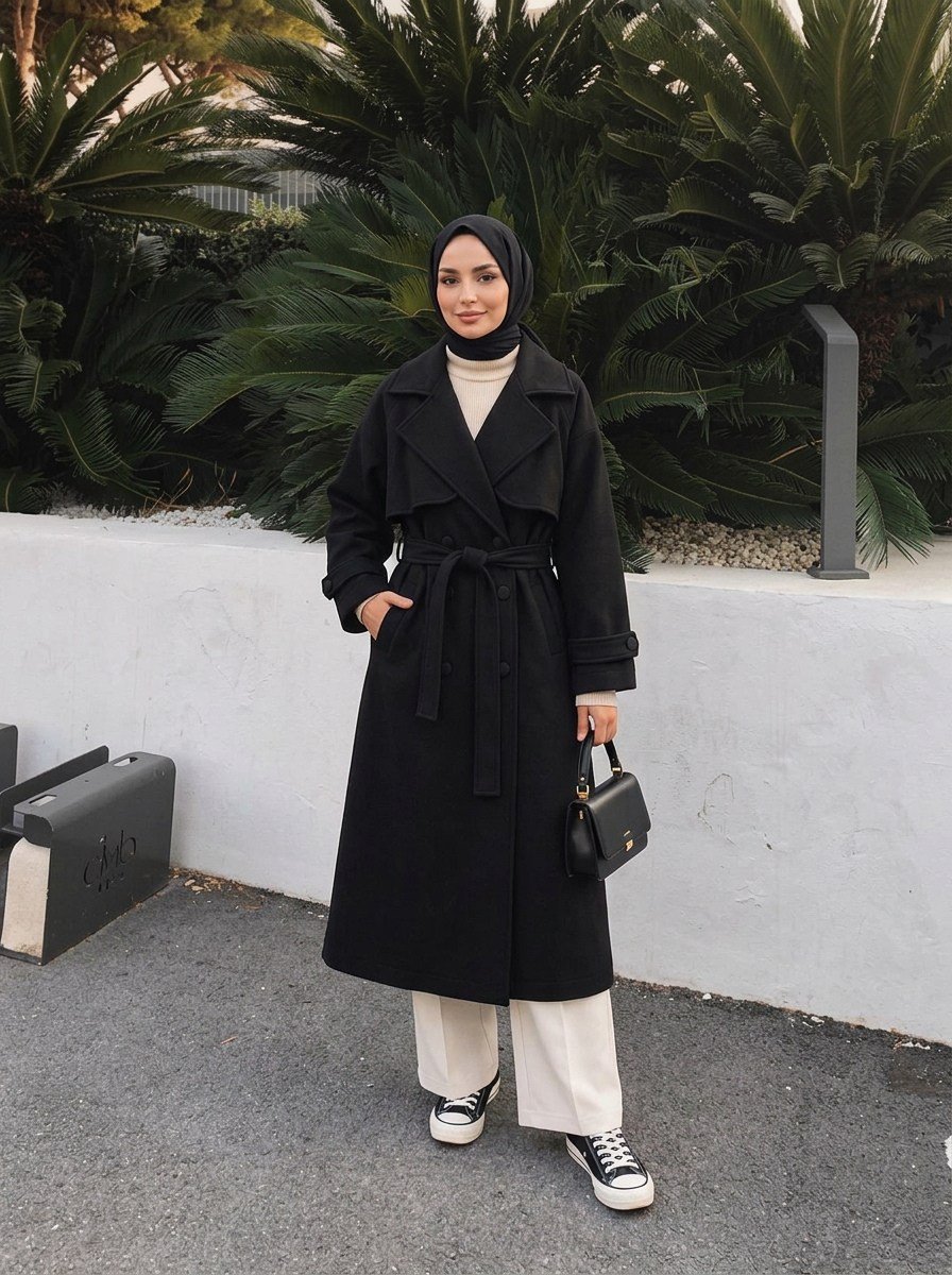 Vv Oversize Kapaklı 6 Düğme Kaşe Kaban Siyah