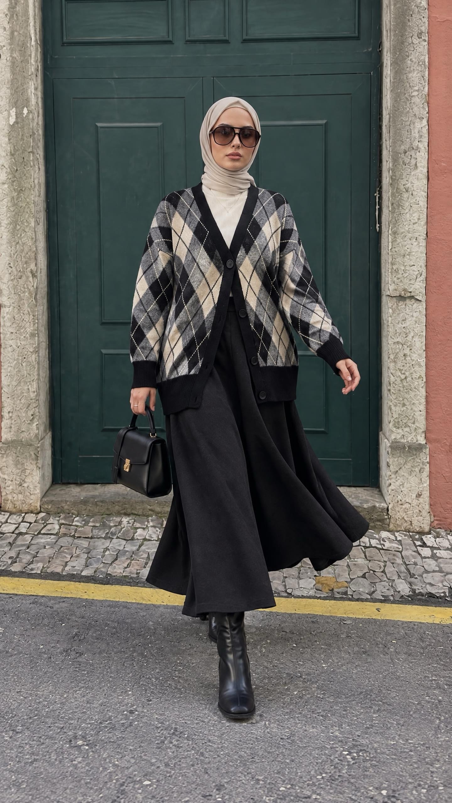 Yn Oversize Baklava Desen Hırka Gri