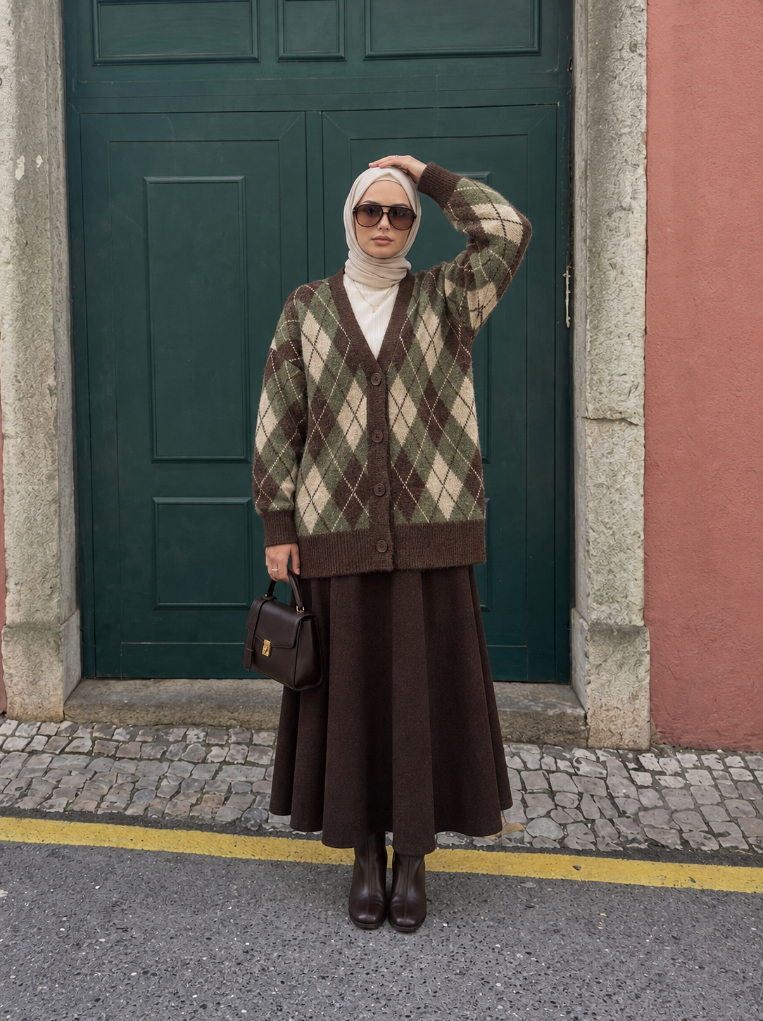Yn Oversize Baklava Desen Hırka Yeşil