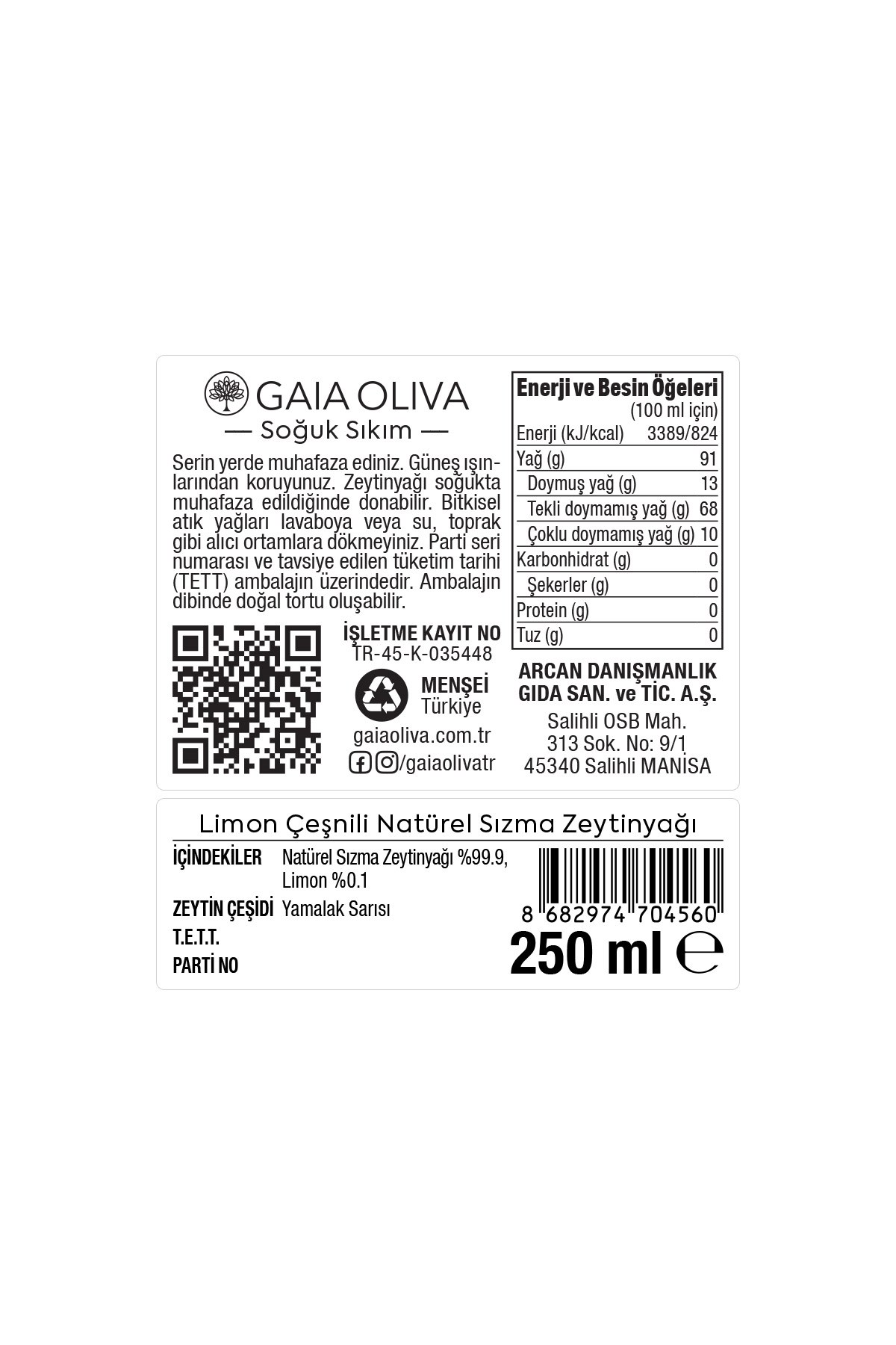 Limon Çeşnili 250 ml Natürel Sızma Zeytinyağı