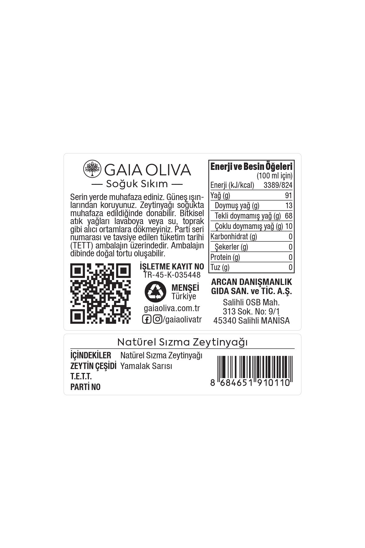 Premium Yamalak Sarısı 500 ml Erken Hasat Natürel Sızma Zeytinyağı