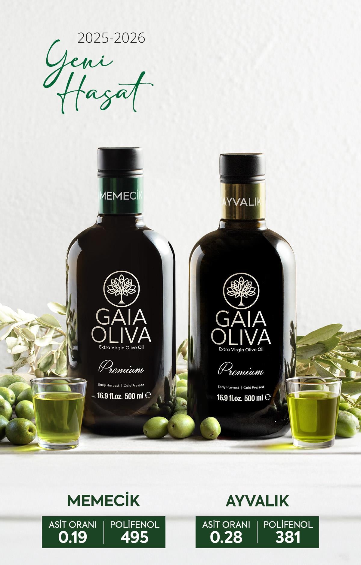 2li Premium Ayvalık ve Premium Memecik 500 ml Erken Hasat Natürel Sızma Zeytinyağı (Yeni Hasat)