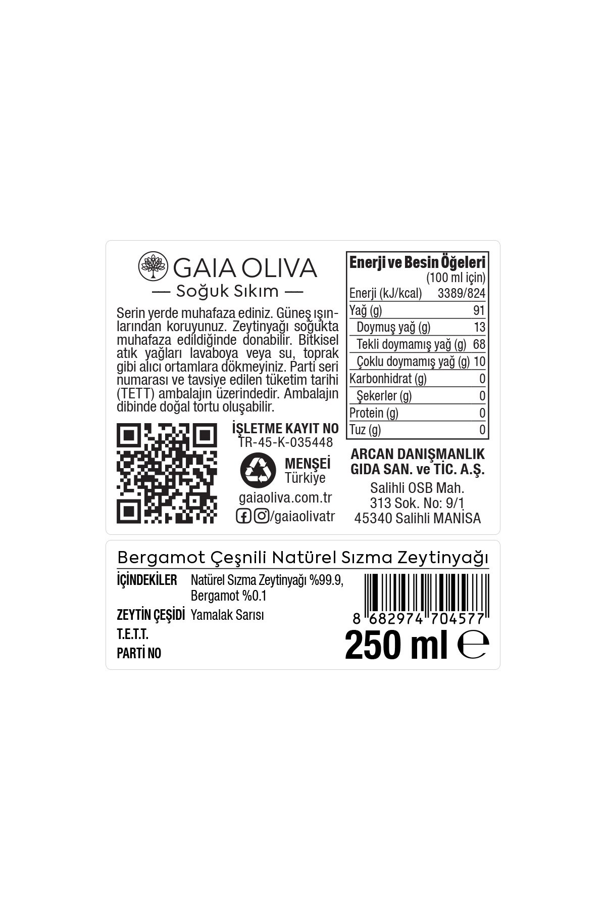 Bergamot Çeşnili 250 ml Natürel Sızma Zeytinyağı