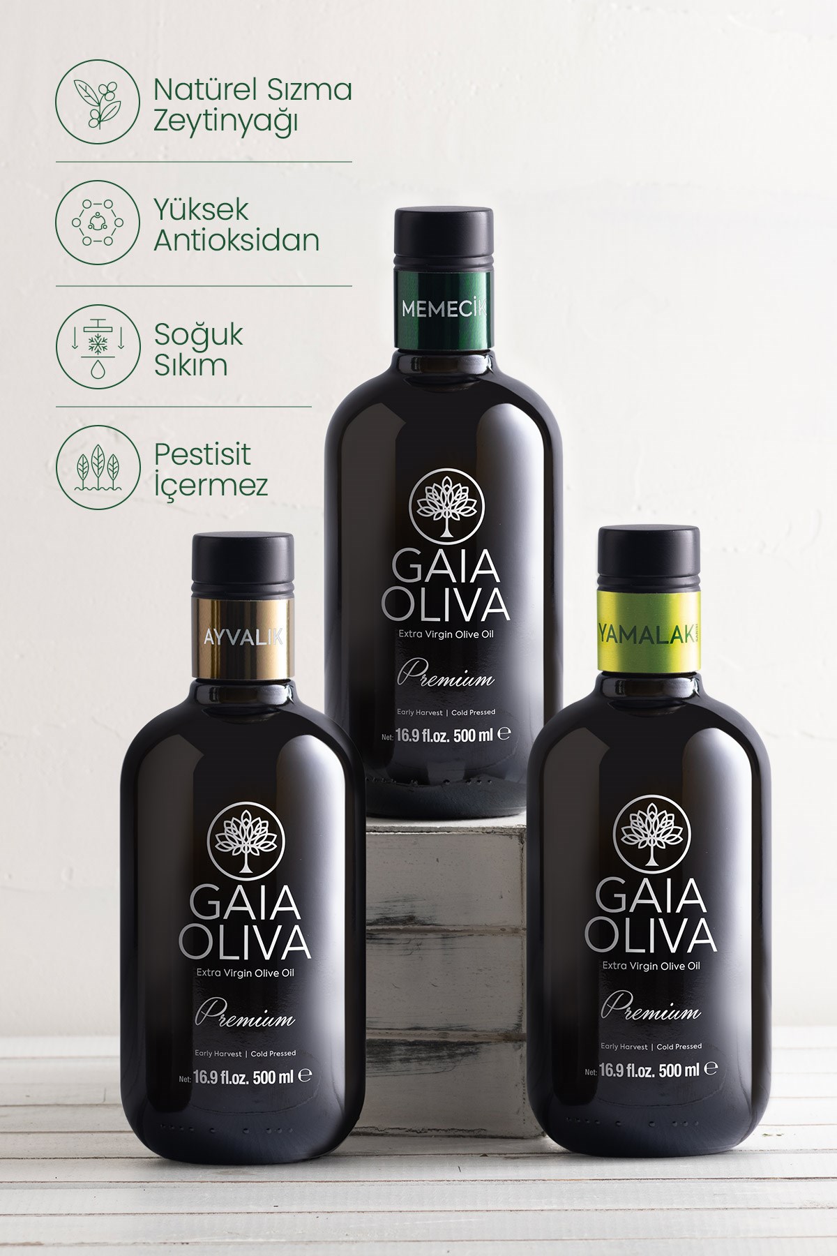 3lü Premium Ayvalık, Premium Memecik ve Premium Yamalak Sarısı 500 ml Erken Hasat Natürel Sızma Zeytinyağı