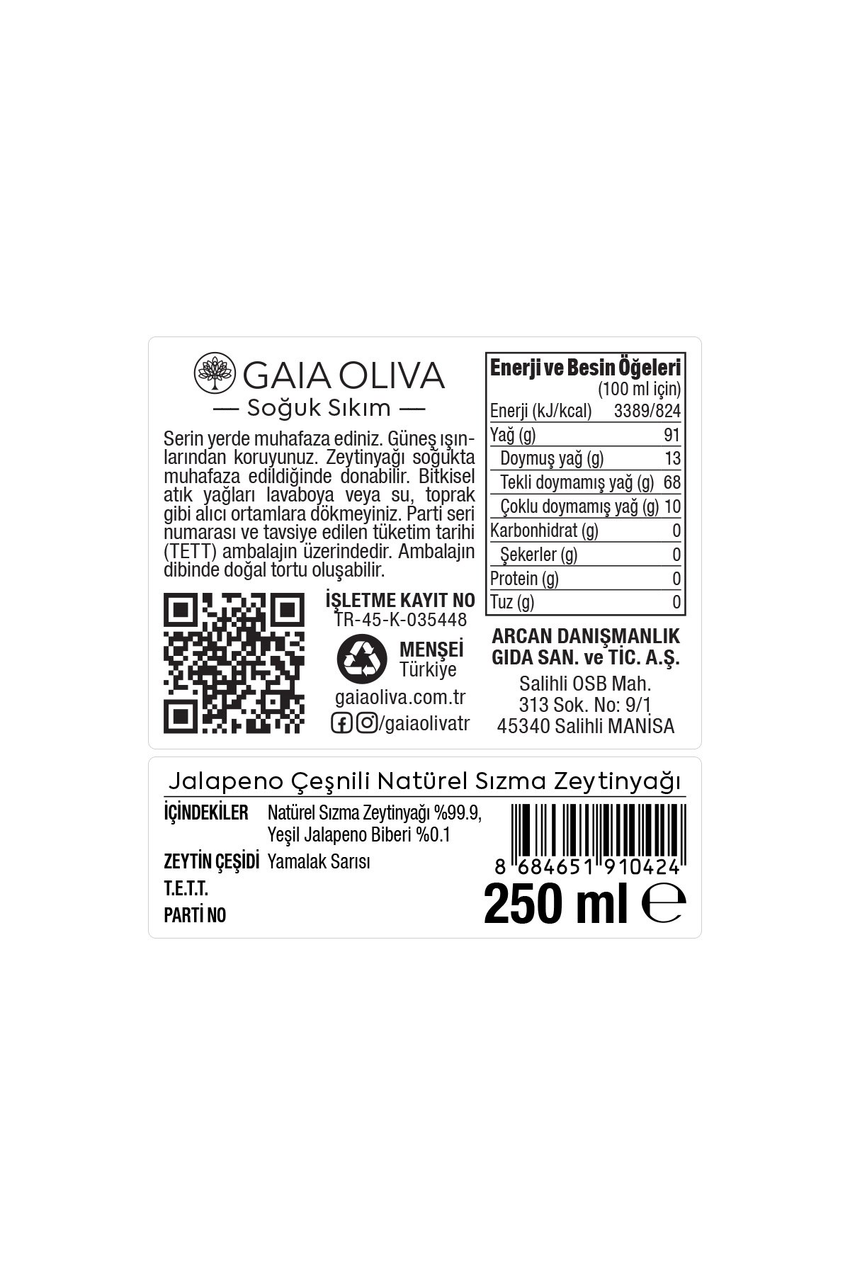 Jalapeno Çeşnili 250 ml Natürel Sızma Zeytinyağı