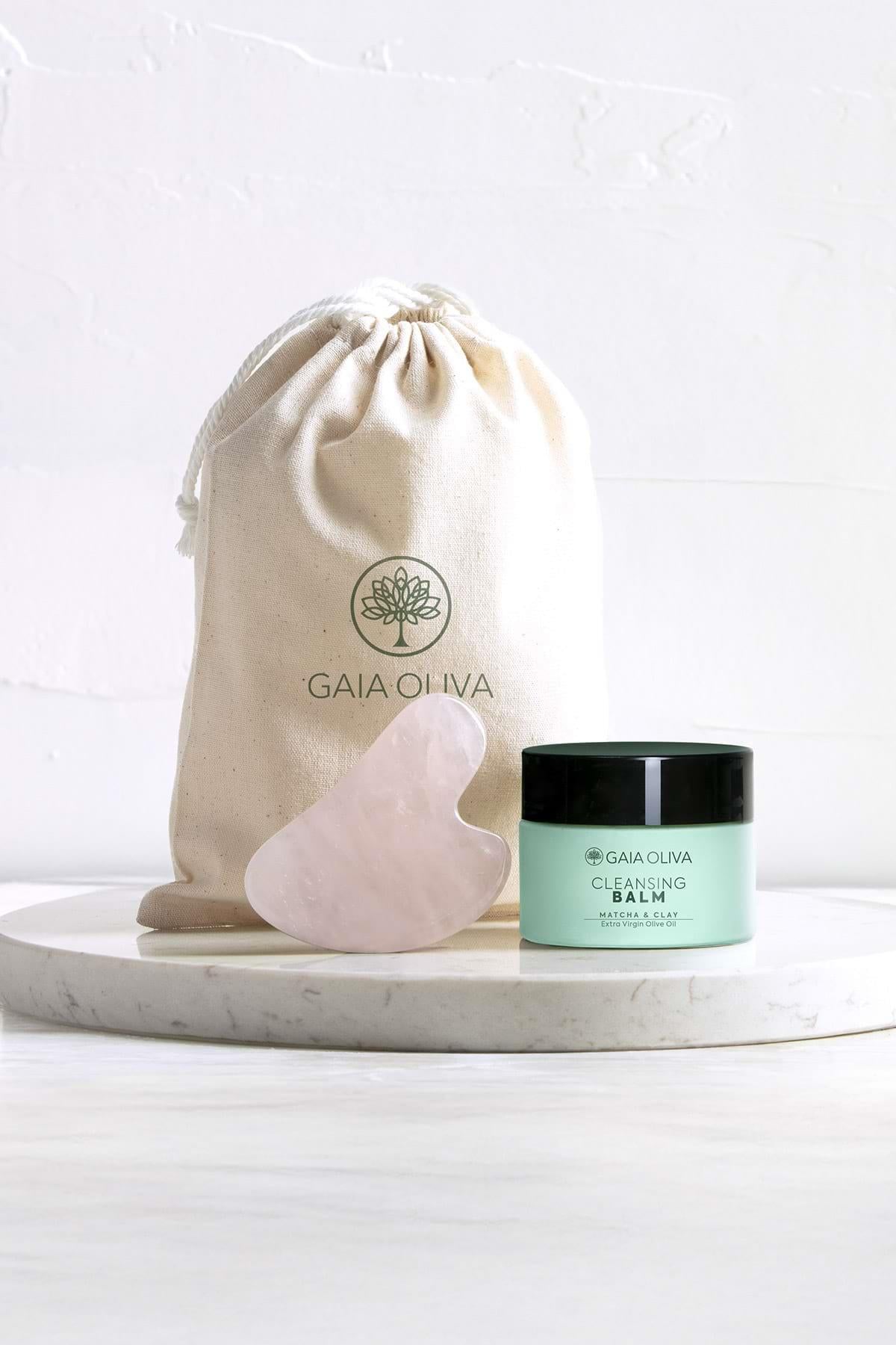 Temizleyici Balm ve Pembe Kuvars Gua Sha Masaj Taşı Seti