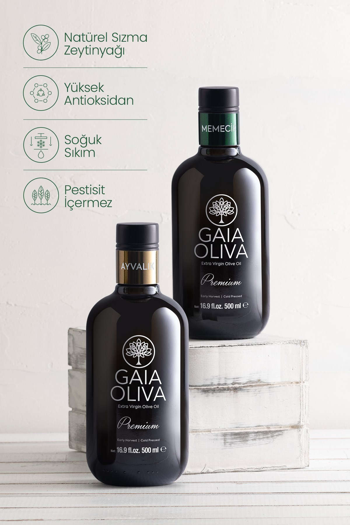 2li Premium Ayvalık ve Premium Memecik 500 ml Erken Hasat Natürel Sızma Zeytinyağı