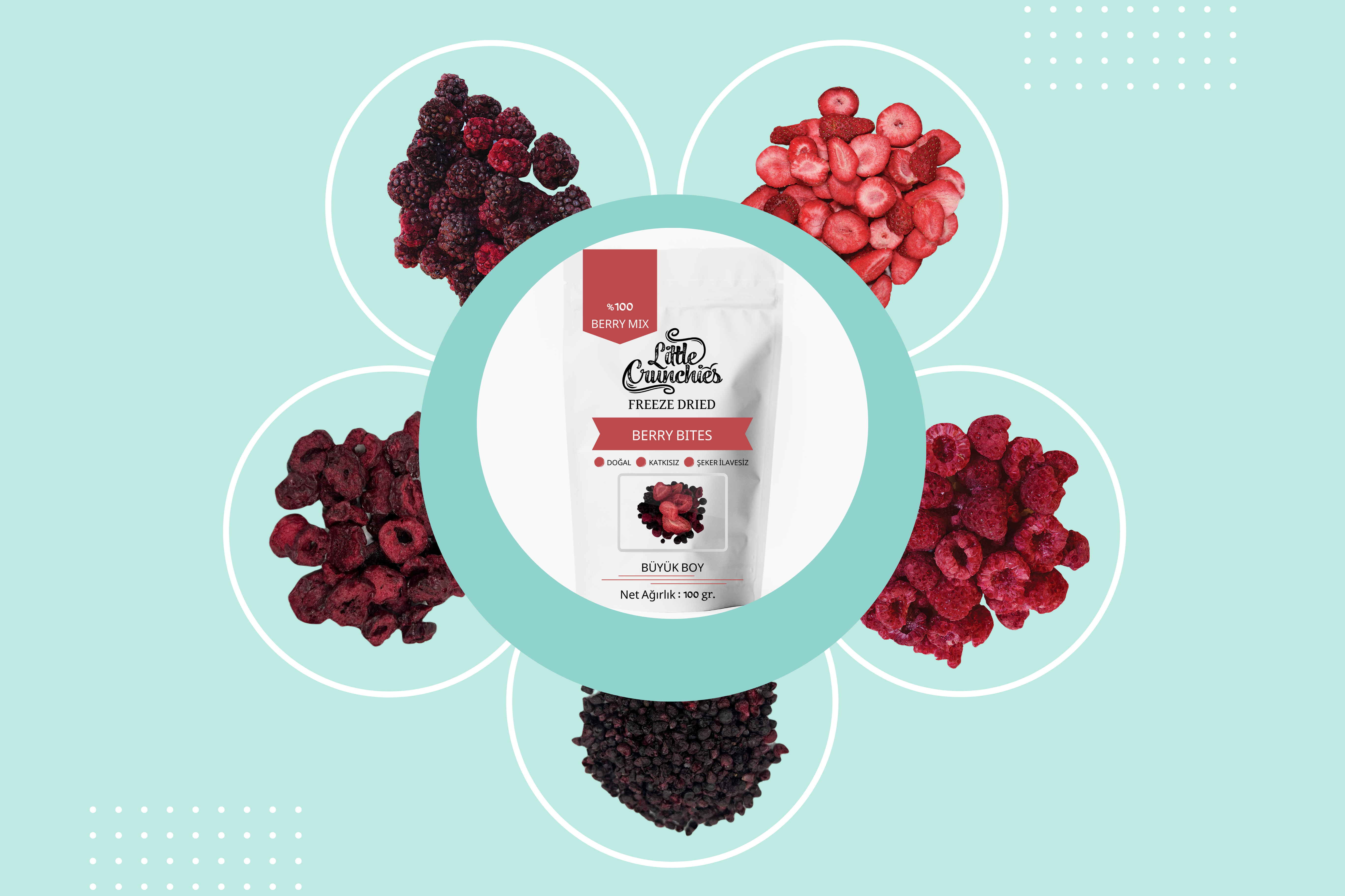 Freeze Dried Berry Mix Bites - 100 Gr. - Büyük Boy - Dondurularak Kurutulmuş