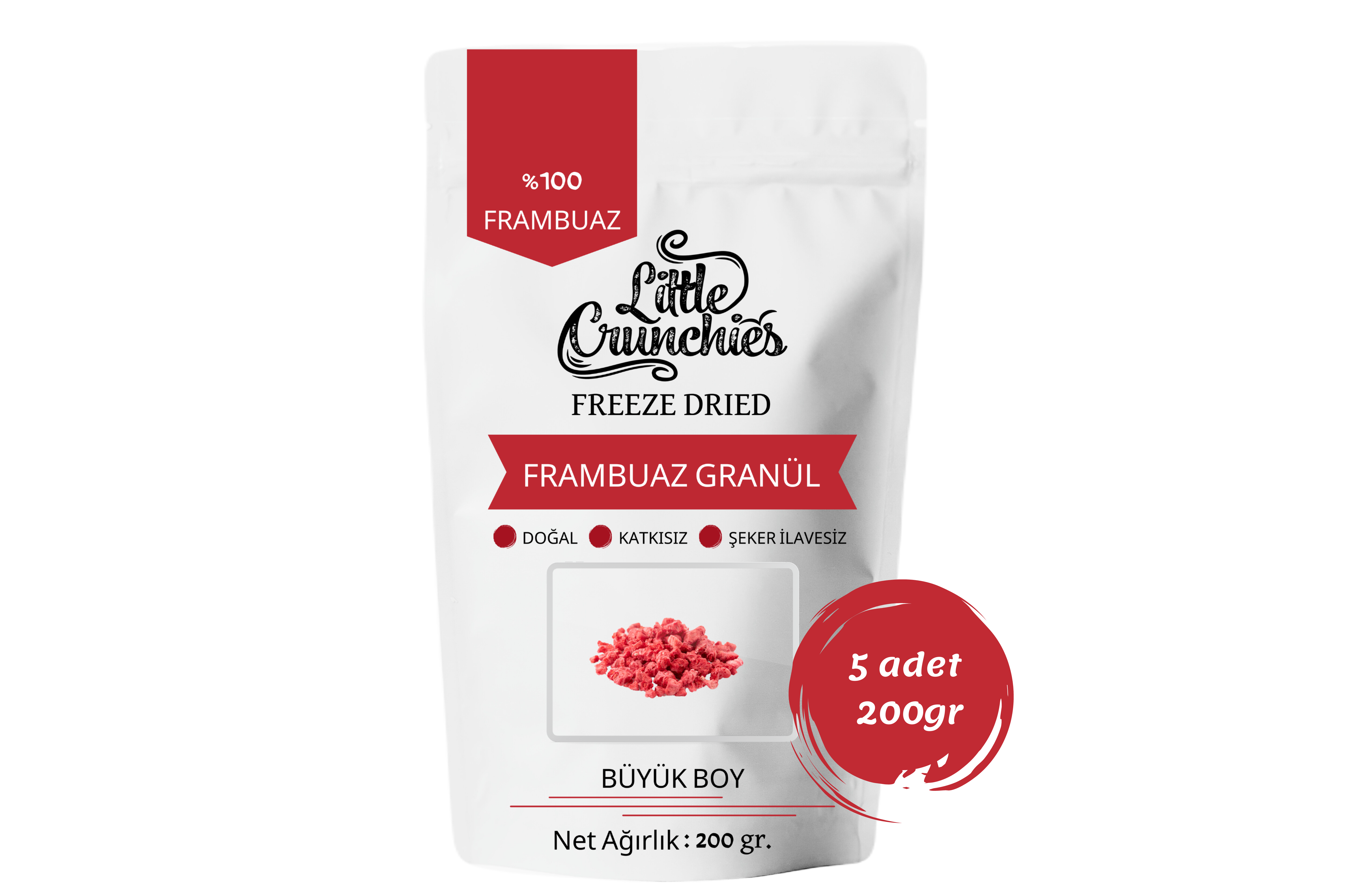 Freeze Dried Frambuaz Granül - 1 Kg. - Büyük Boy - Dondurularak Kurutulmuş 5x200 Gr.