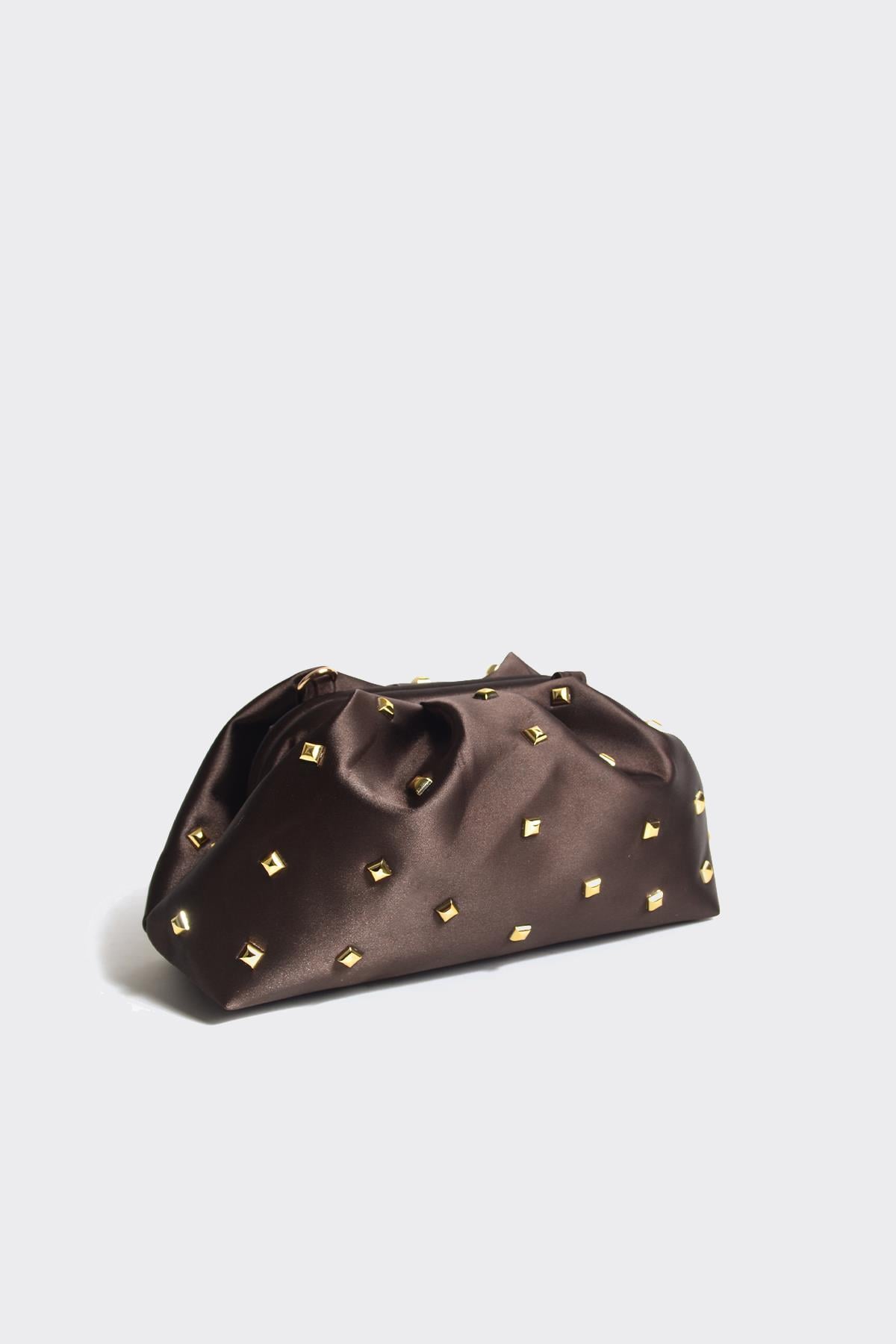 Acı Kahve Kadın Saten Gold Taşlı Clutch Abiye Çanta