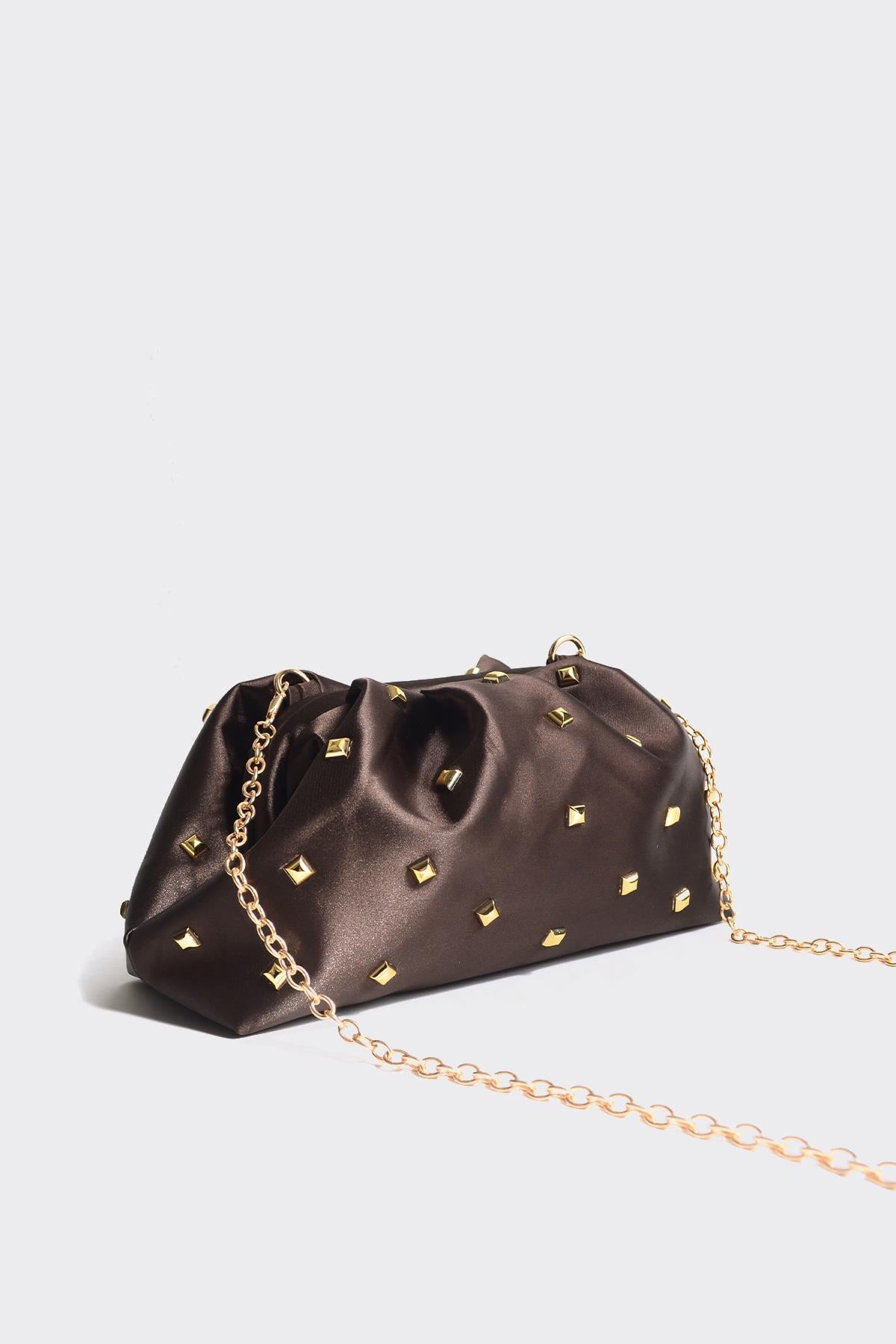 Acı Kahve Kadın Saten Gold Taşlı Clutch Abiye Çanta