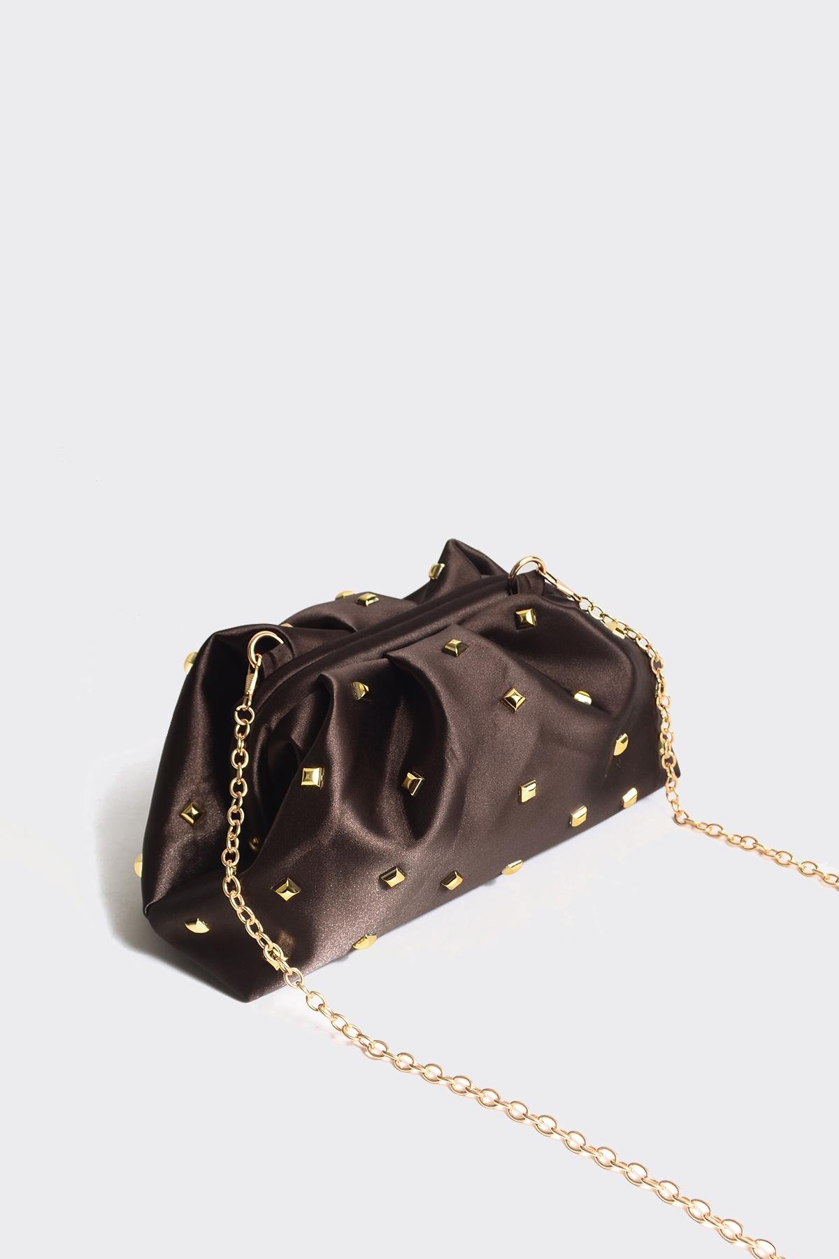 Acı Kahve Kadın Saten Gold Taşlı Clutch Abiye Çanta
