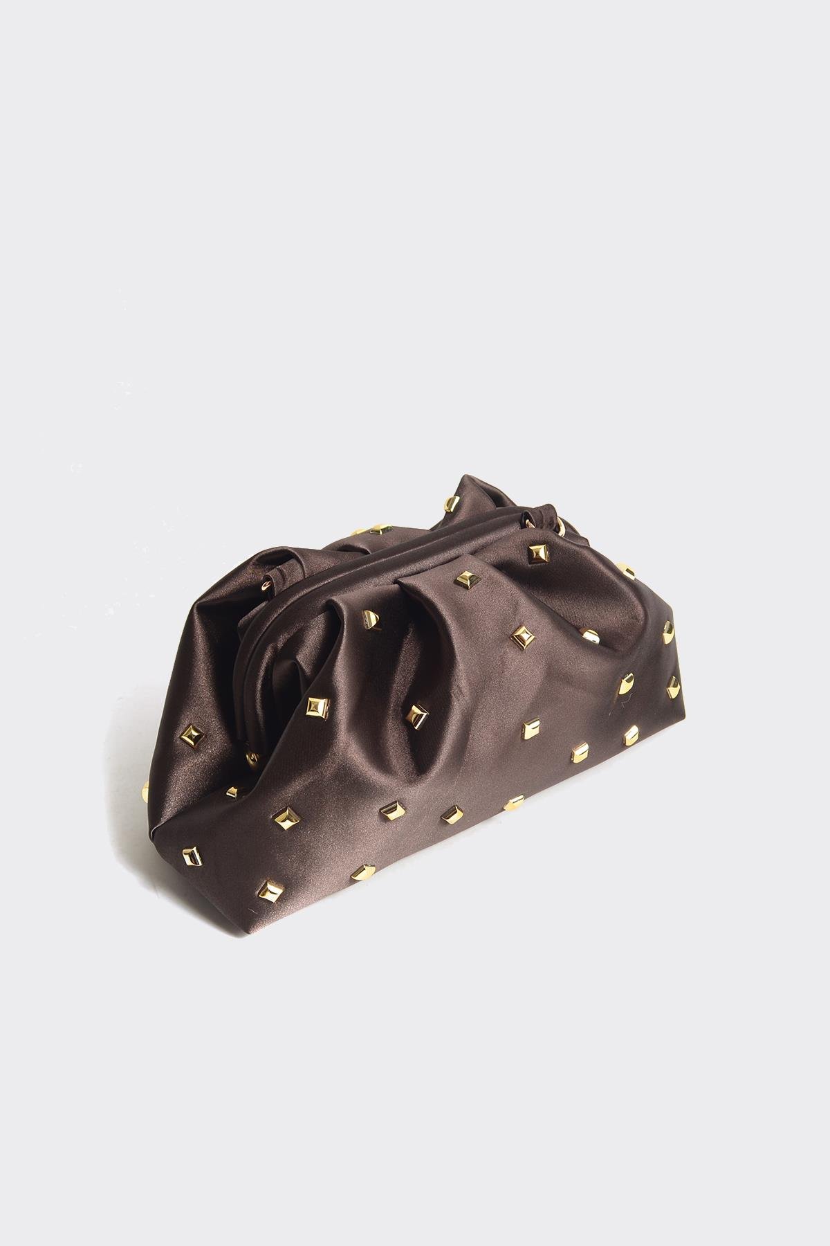 Acı Kahve Kadın Saten Gold Taşlı Clutch Abiye Çanta