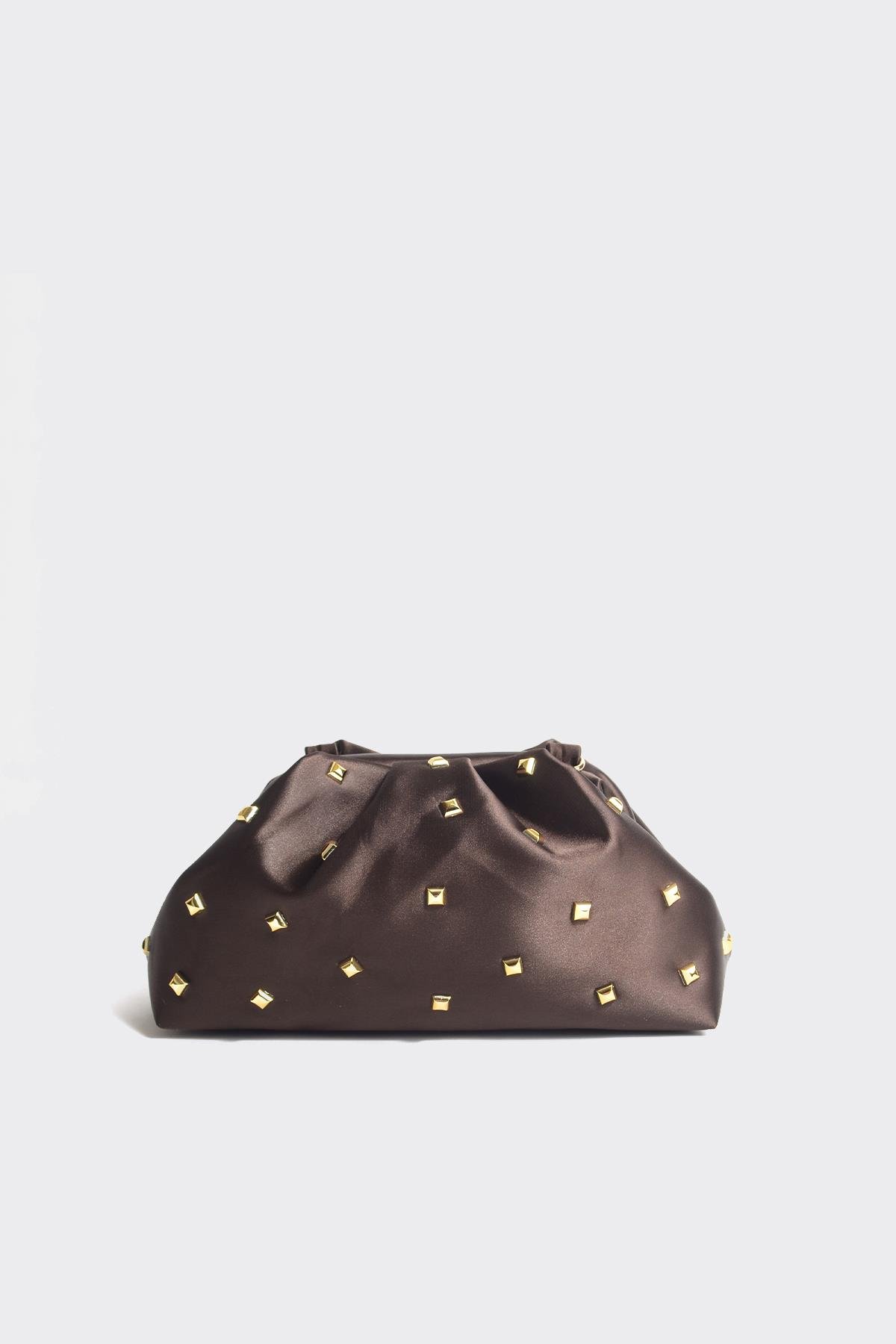 Acı Kahve Kadın Saten Gold Taşlı Clutch Abiye Çanta