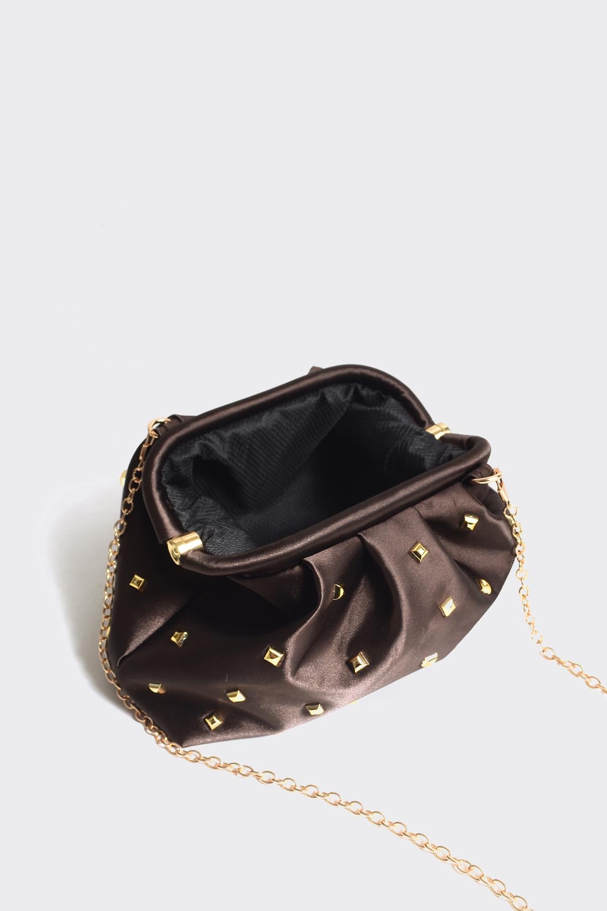 Acı Kahve Kadın Saten Gold Taşlı Clutch Abiye Çanta