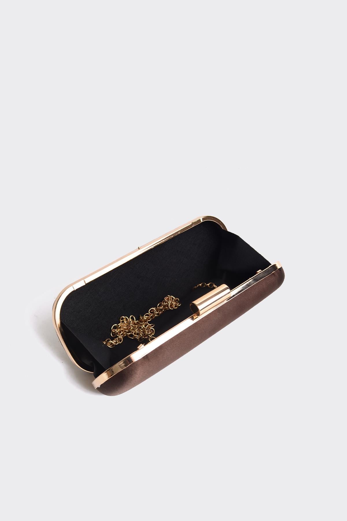 Acı Kahve Saten Gold Kapaklı Clutch Abiye Çanta