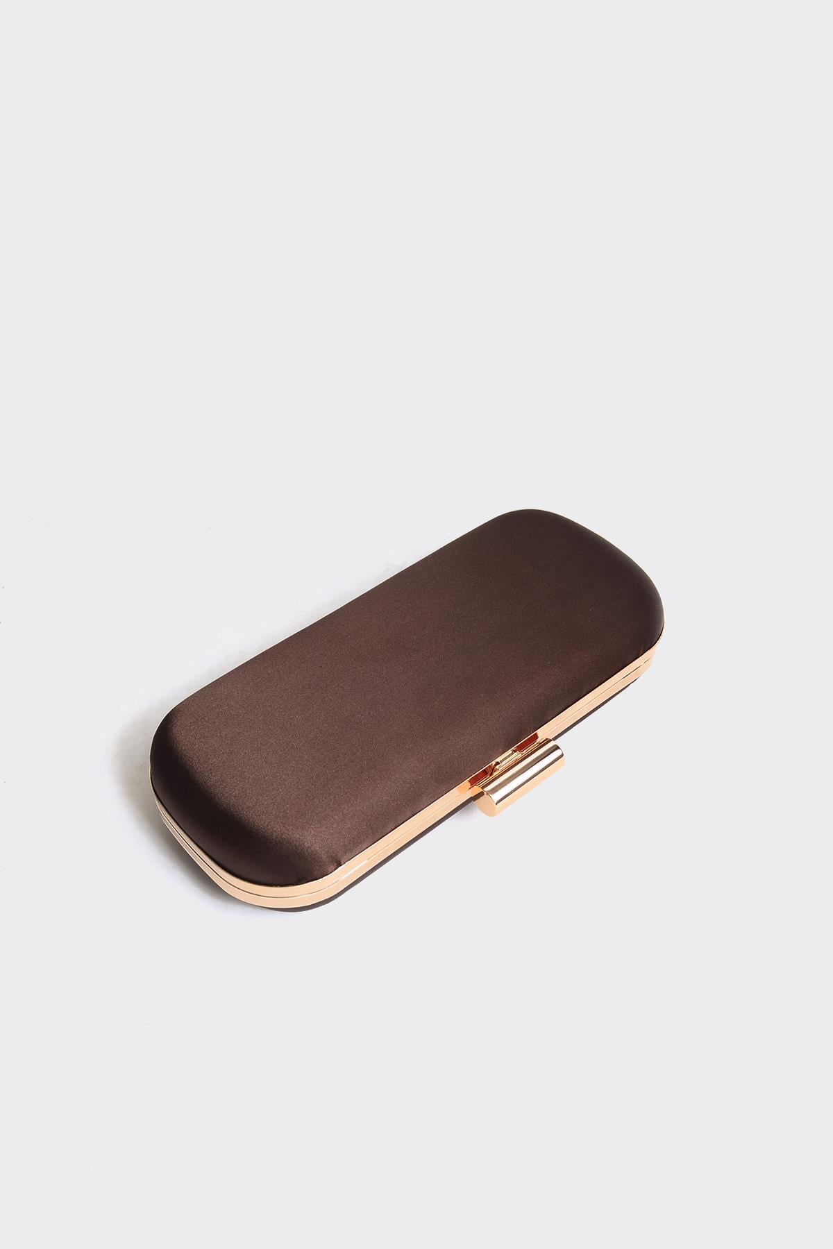 Acı Kahve Saten Gold Kapaklı Clutch Abiye Çanta