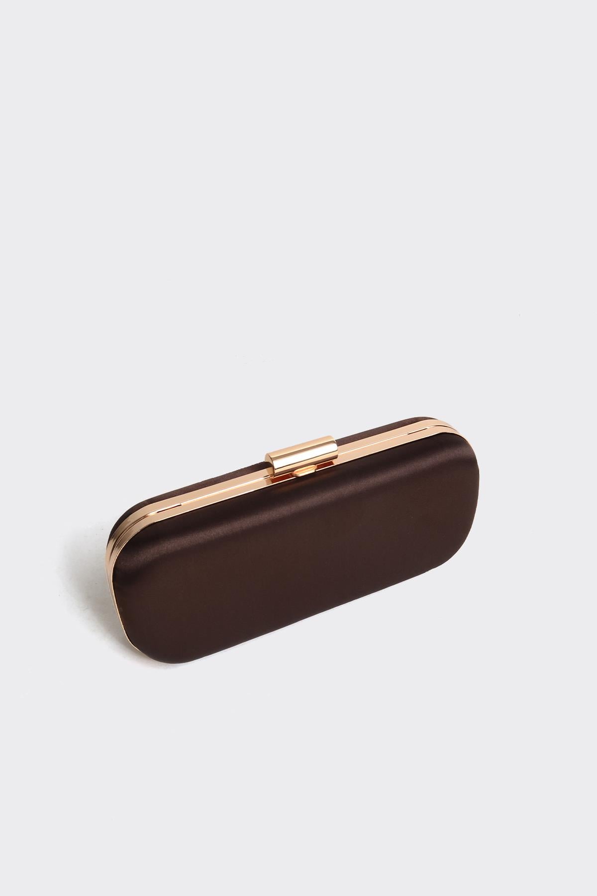 Acı Kahve Saten Gold Kapaklı Clutch Abiye Çanta