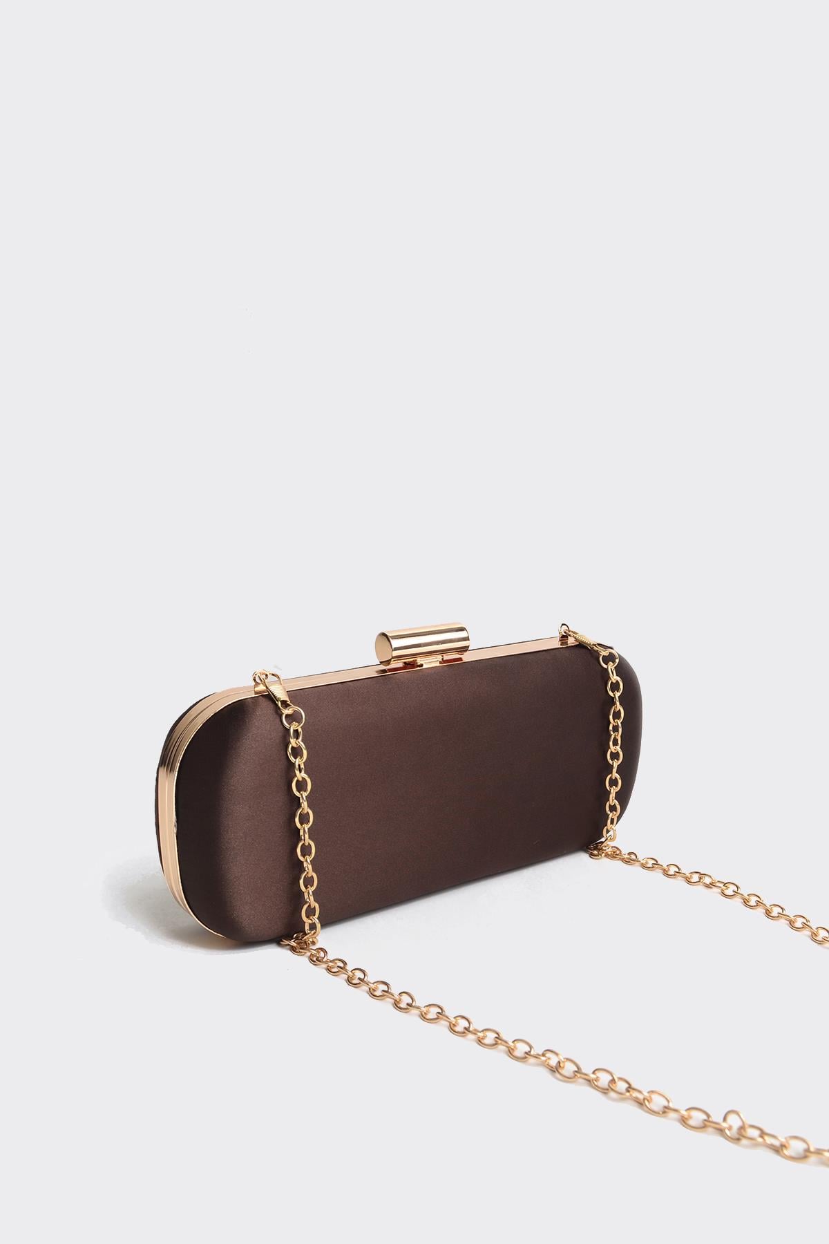 Acı Kahve Saten Gold Kapaklı Clutch Abiye Çanta