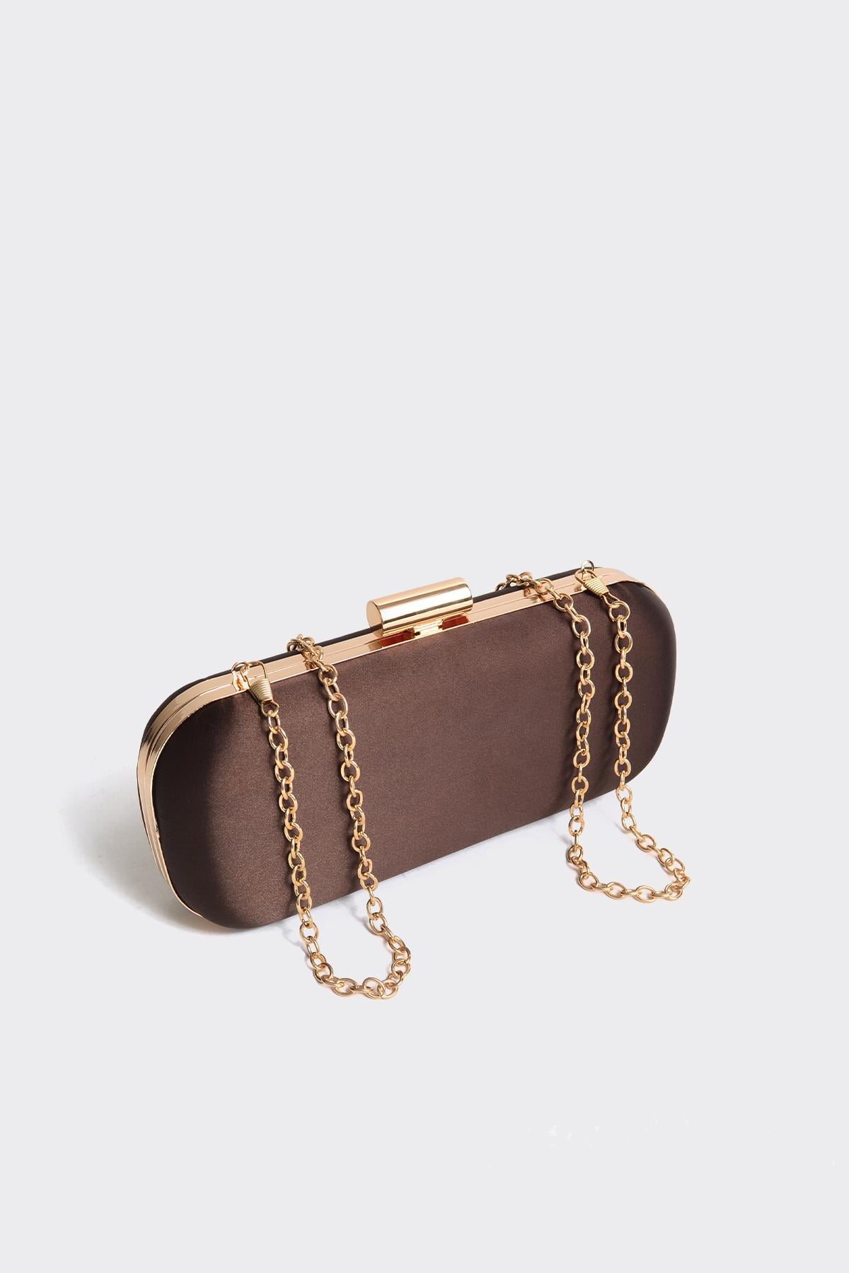 Acı Kahve Saten Gold Kapaklı Clutch Abiye Çanta