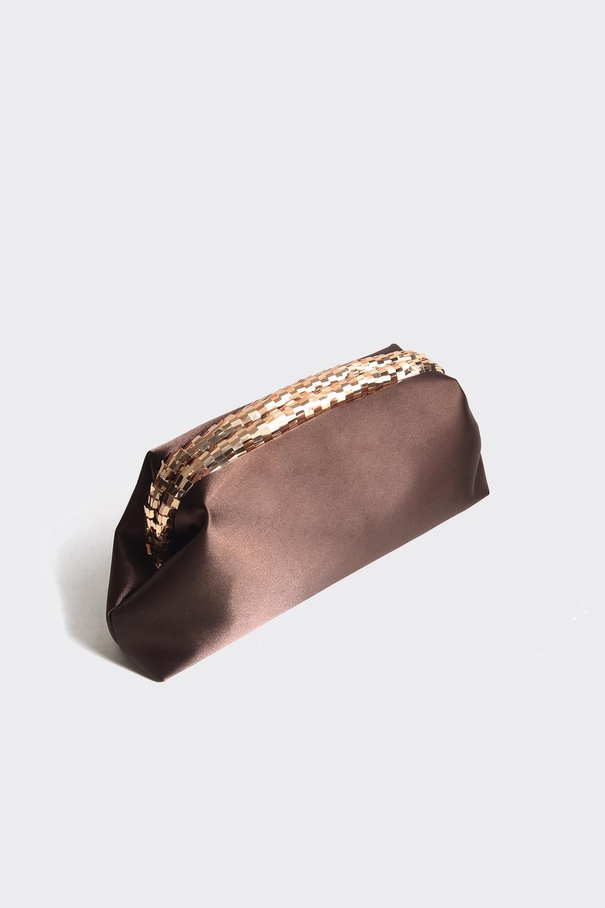 Acı Kahve Saten Gold Payet Detaylı Clutch Abiye Çanta