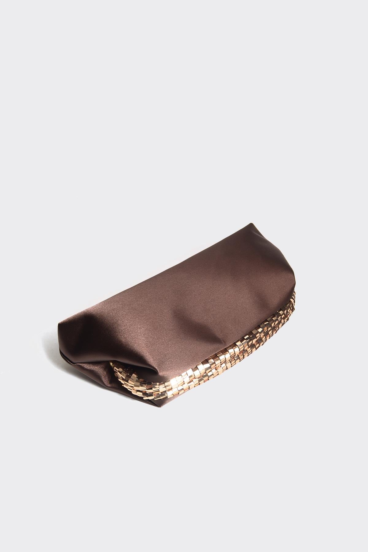 Acı Kahve Saten Gold Payet Detaylı Clutch Abiye Çanta