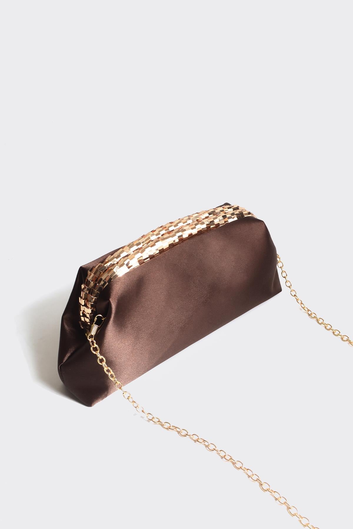 Acı Kahve Saten Gold Payet Detaylı Clutch Abiye Çanta