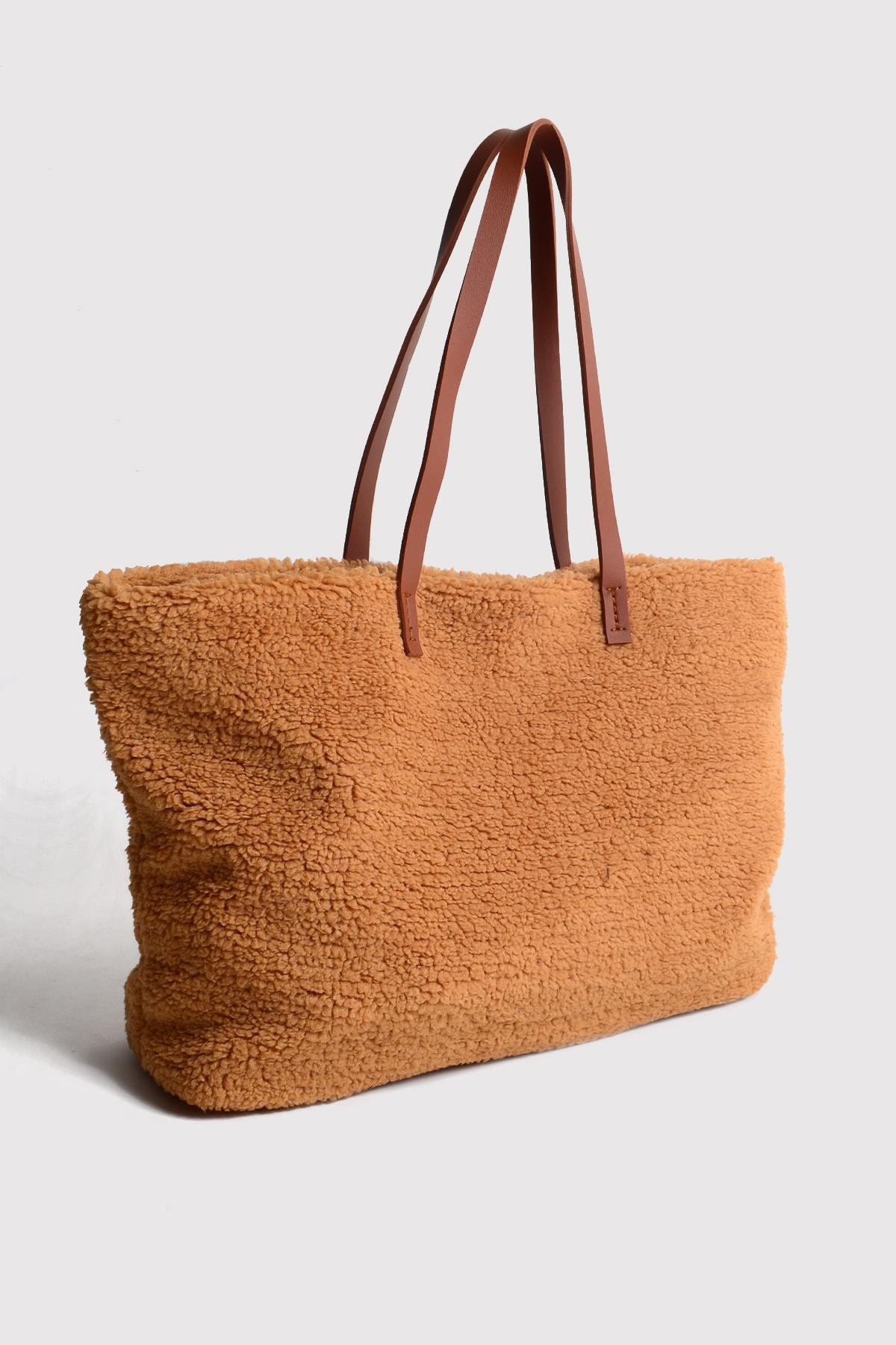 Bal Köpüğü Deri Saplı Peluş Tote Çanta