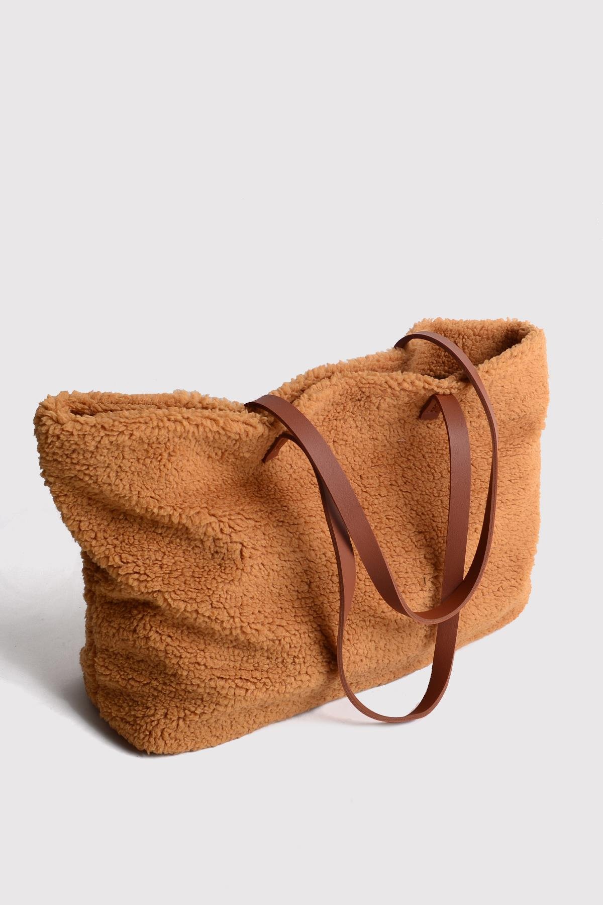 Bal Köpüğü Deri Saplı Peluş Tote Çanta