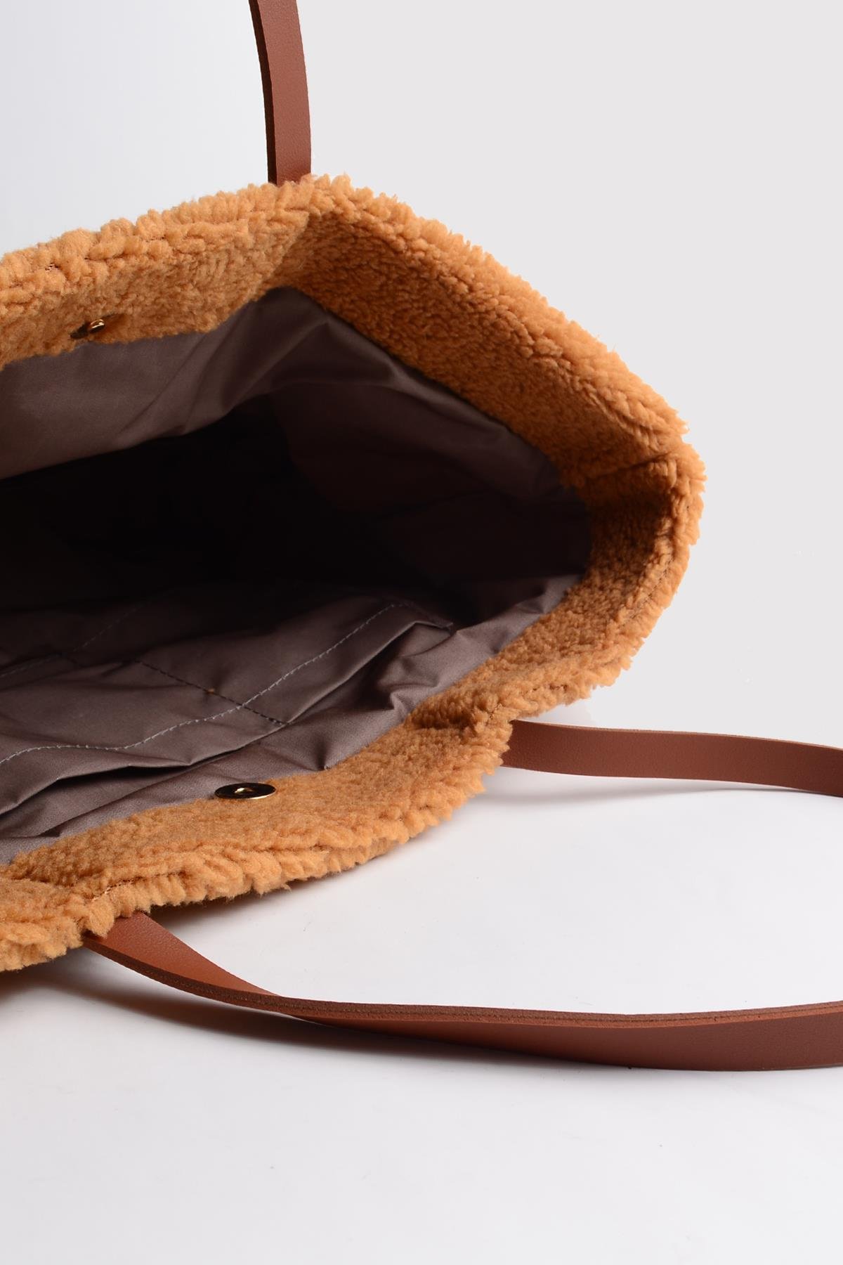 Bal Köpüğü Deri Saplı Peluş Tote Çanta