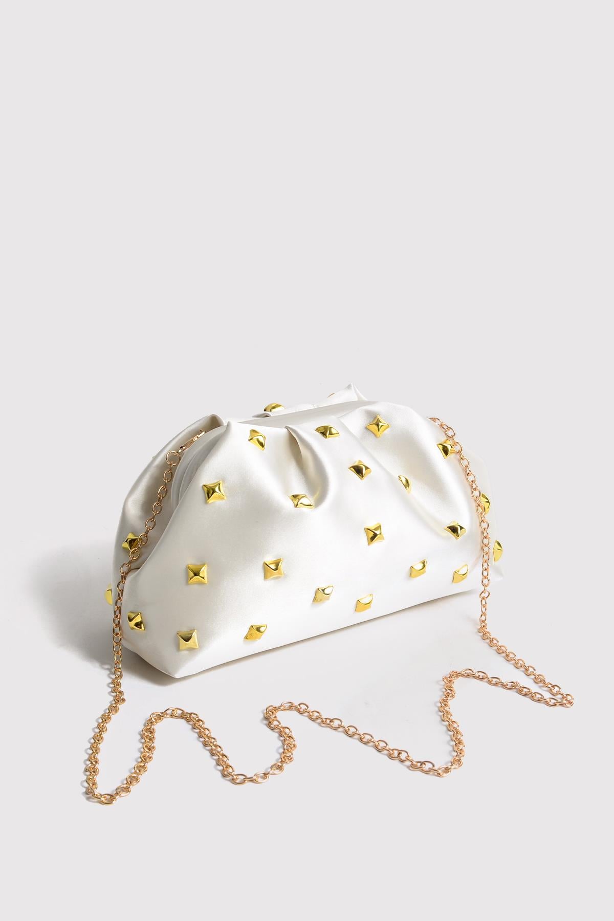 Bej Kadın Saten Gold Taşlı Clutch Abiye Çanta