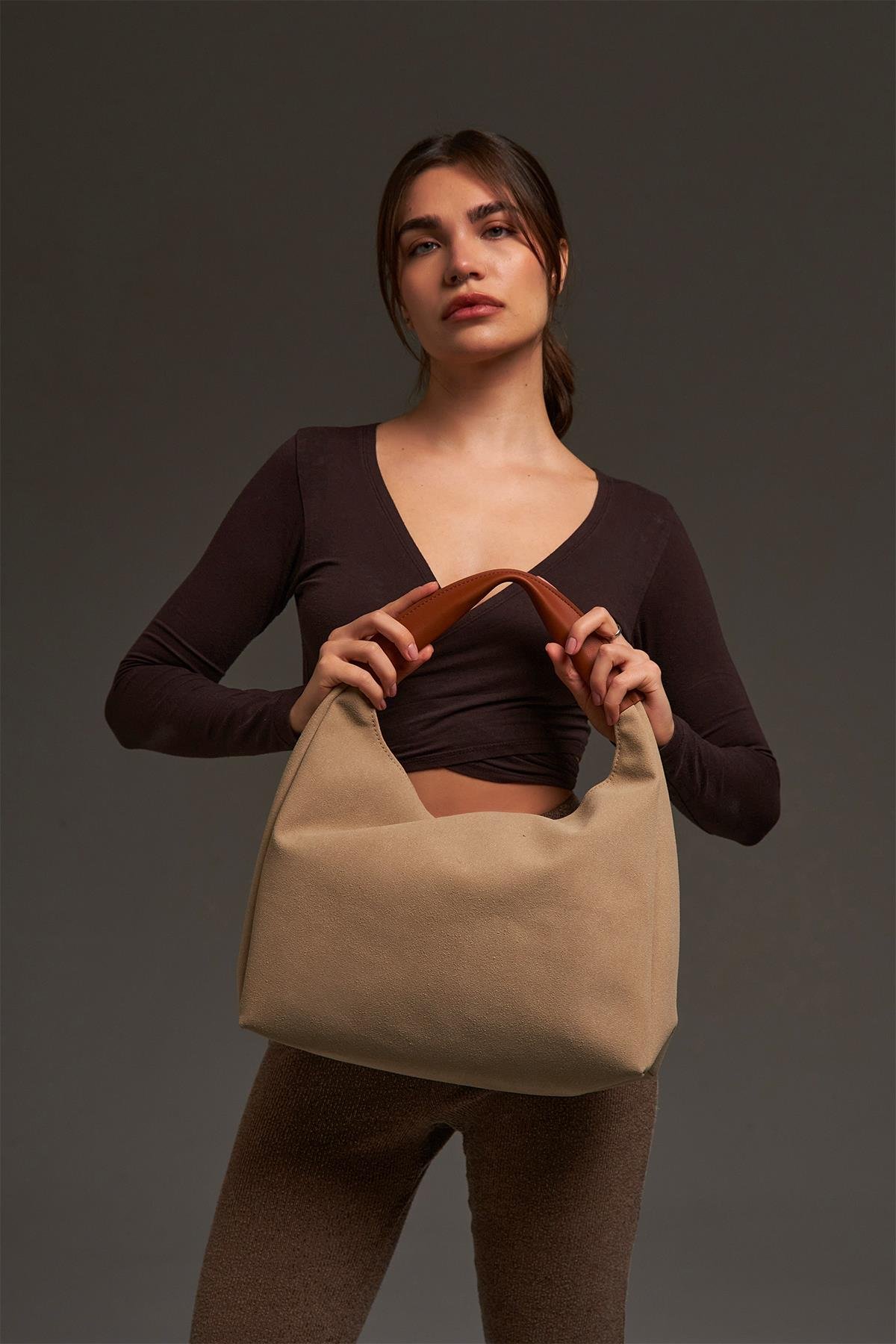 Bej Nubuk Deri Omuz Çanta