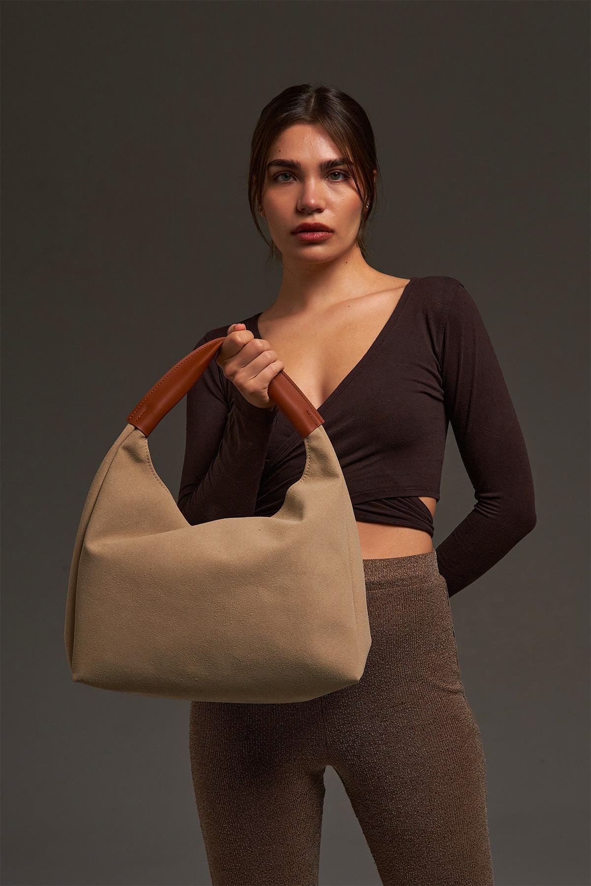 Bej Nubuk Deri Omuz Çanta