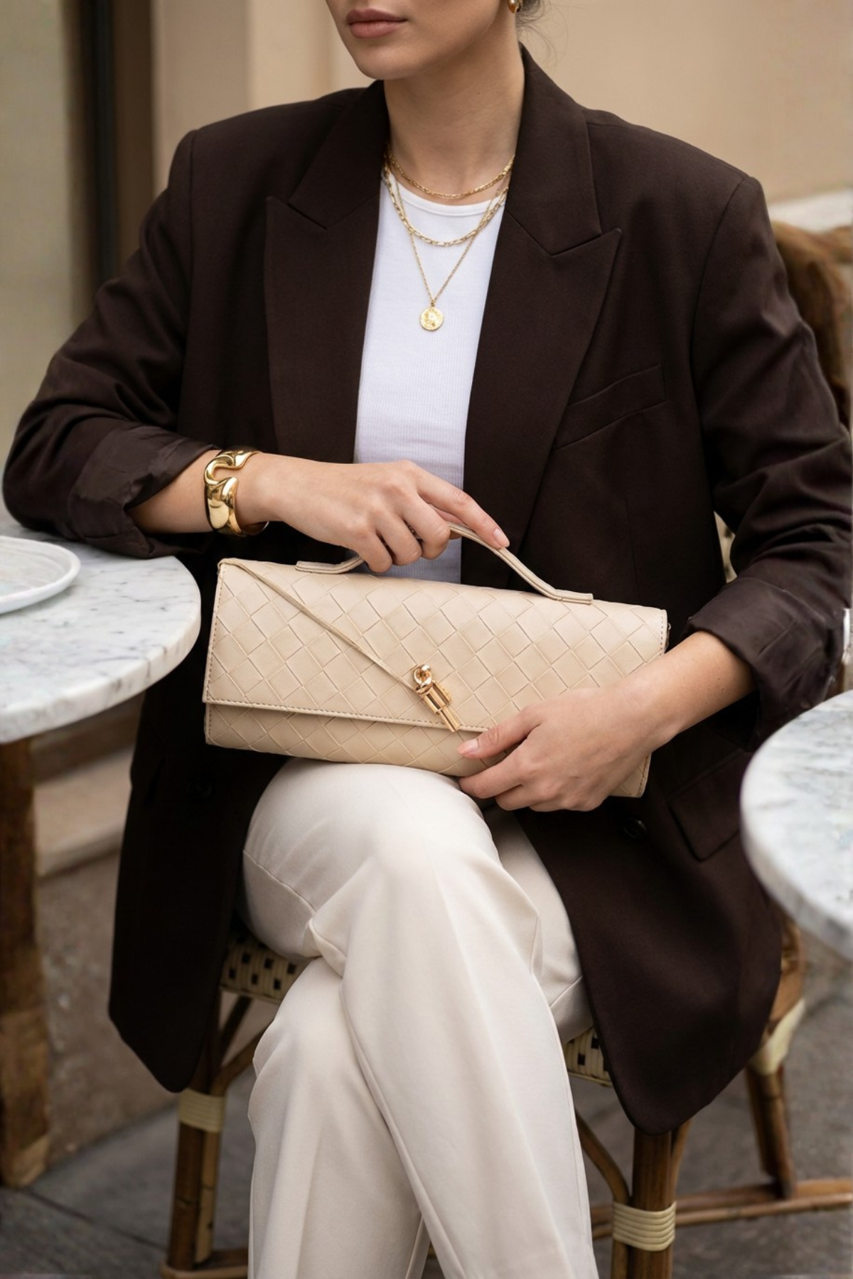 Bej Örgü Derili Portföy Clutch Çanta