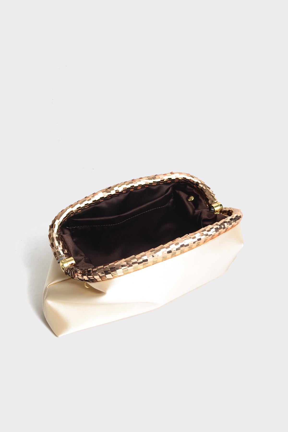 Bej Saten Gold Payet Detaylı Clutch Abiye Çanta